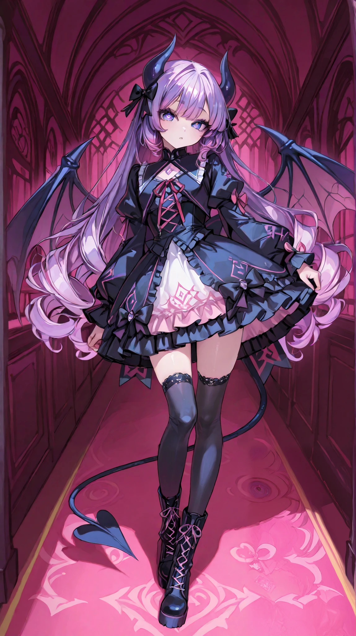 The girl is a devil/ pastel goth. She has long, loose, curly purple hair with pink highlights. She has indigo blue eyes with cat-like pupils. She has long white horns with pink ribbons. white webbed wings on the back and a white devil's tail with a bow. She is wearing a pink/white ta//pastel goth dress with ribbons and bows with long puffy sleeves that hide her palms. She has a puffy collar with a red ribbon and a blue stone on her chest. She has long legs dressed in pink lace-up boots and white with bows. She is in a pink and black Gothic room among mannequins decorated with purple ribbons.