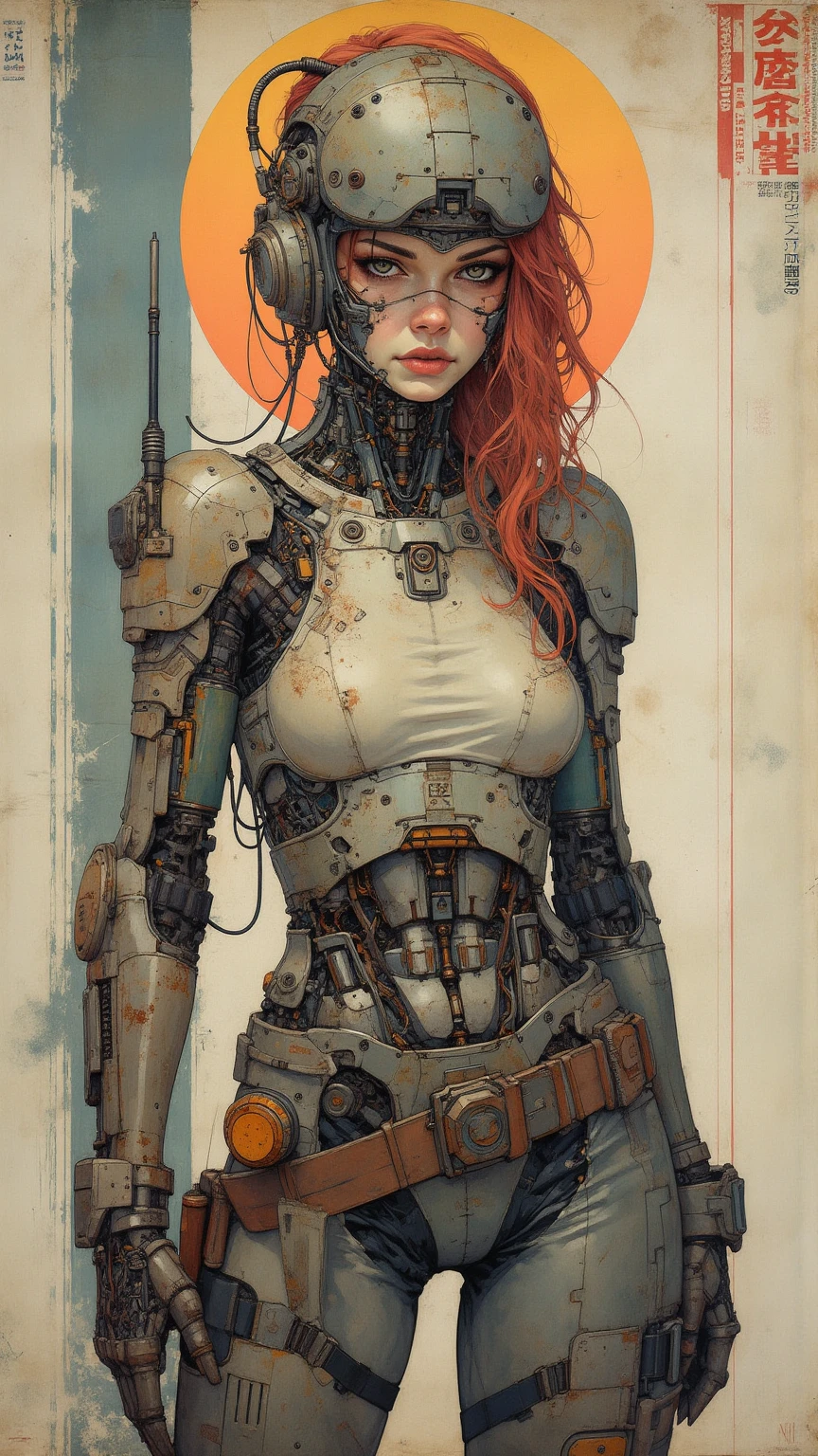 (((mulher))), (((melhor qualidade))), (((obra prima))), (((adulto))), A highly detailed and realistic skull girl,( Anya. Taylor Joy) cyberpunk character, mad max furiosa, one hand robot, cyborg arm, orange hair, dramatic metal heavy rock theme, best quality, 8k, hyperrealistic, photorealistic, extreme detailed painting, studio lighting, vivid colors, dark moody atmosphere, cinematic, dramatic pose, intricate mechanical details, glowing energy effects, intense gritty textures, seamless integration of organic and inorganic elements. Wearing the used clothes of a wastelander. Background: An apocalyptic wasteland. Dusty and depressing.