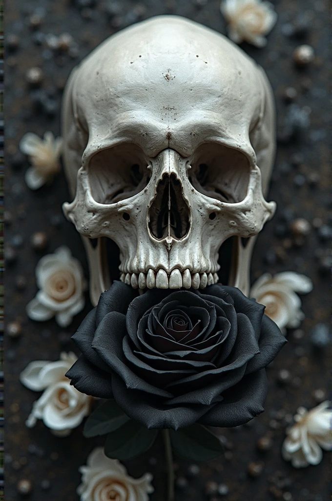 skull, white rose, black snake, monochrome photo
