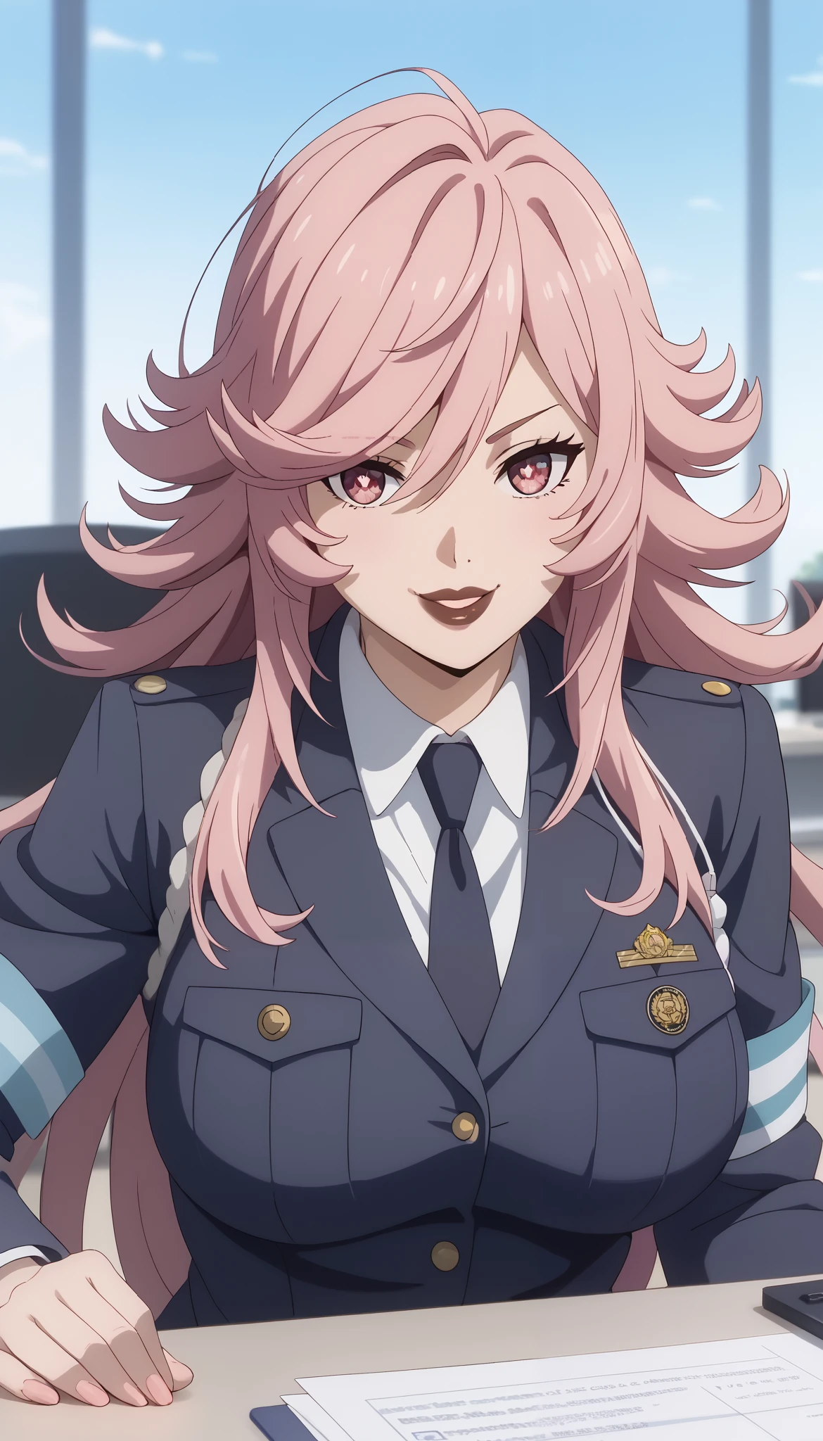 (((Perfect figure,figure,solo,white and soft skin,(((yayoi kusakabe,Office uniform clothes, black jacket )),(yayoi kusakabe long hair, pink hair, bright pink pupils, brown lipstick)),high resolution, ((Best quality in the best)),masterpiece,quality,Best quality,(( Beautiful facial features,Looking at the viewer,There is light in the eyes,(((Smile,believe (self))),)),型figure:1.7),(((Light and shadow,Big breasts)),(((Looking at the camera))