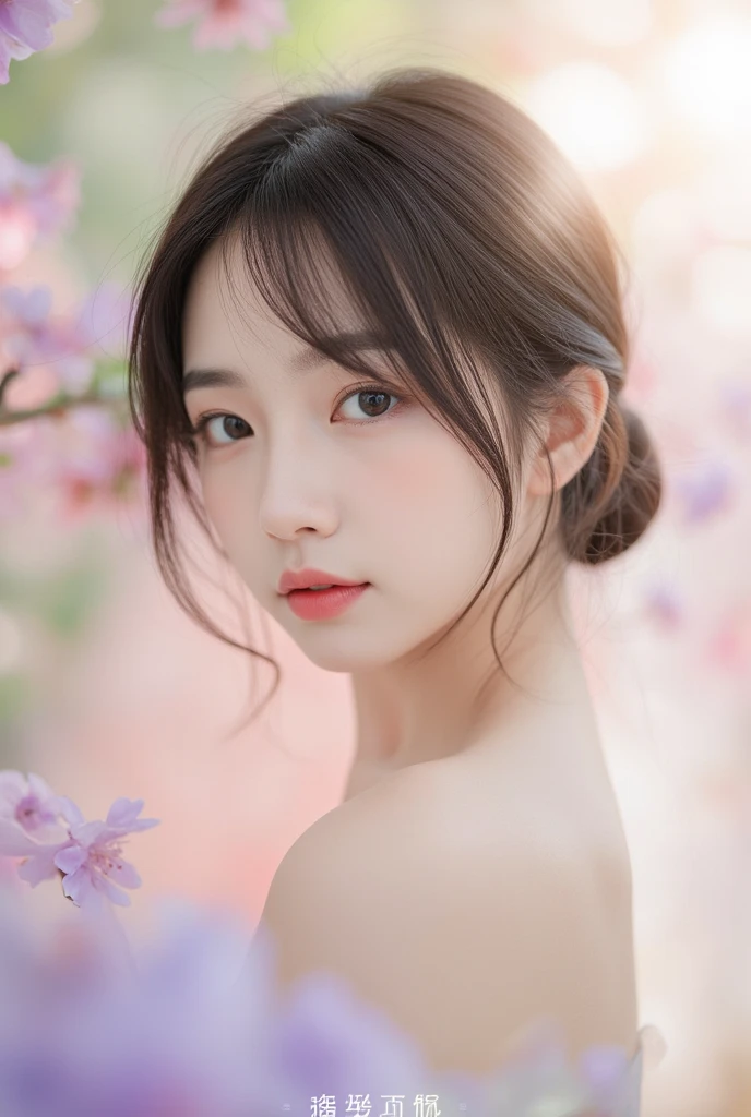 (logo、masterpiece、8K、table top、RAW photo、wonderful、最high quality、フォトリアリスティックでvery detailedな CG 統合 8k 壁紙、high quality、very detailed、narrative poem、particle effects、dynamic effects、Depth of the bounds written、cinematic light、Lens flare、ray tracing)、fantasy、 (1 beautiful woman、dress、dress、cherry blossom pattern、black haired、beautiful face、real face、beautiful details eyes beautiful skin)、髪がWindで踊る、Hair flutters in Wind、hair jump、pink cherry tree、petals dance、SakuraFubuki、wonderful景色、sunrise、sun on background、Wind、
