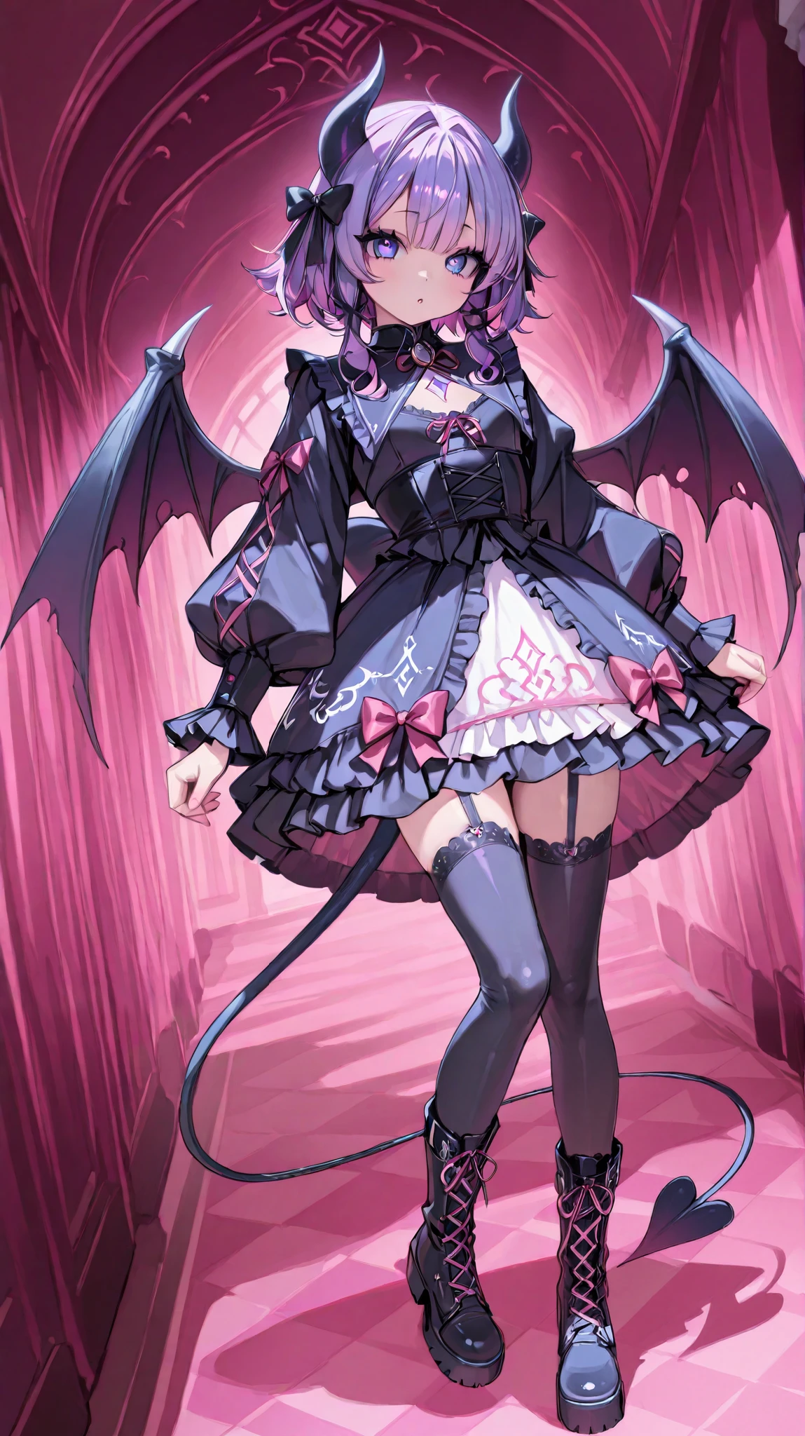 The girl is a devil/ pastel goth. She has long, loose, curly purple hair with pink highlights. She has indigo blue eyes with cat-like pupils. She has long white horns with pink ribbons. white webbed wings on the back and a white devil's tail with a bow. She is wearing a pink/white Lolita//pastel goth dress with ribbons and bows with long puffy sleeves that hide her palms. She has a puffy collar with a red ribbon and a blue stone on her chest. She has long legs dressed in pink lace-up boots and white with bows. She is in a pink and black Gothic room among mannequins decorated with purple ribbons.