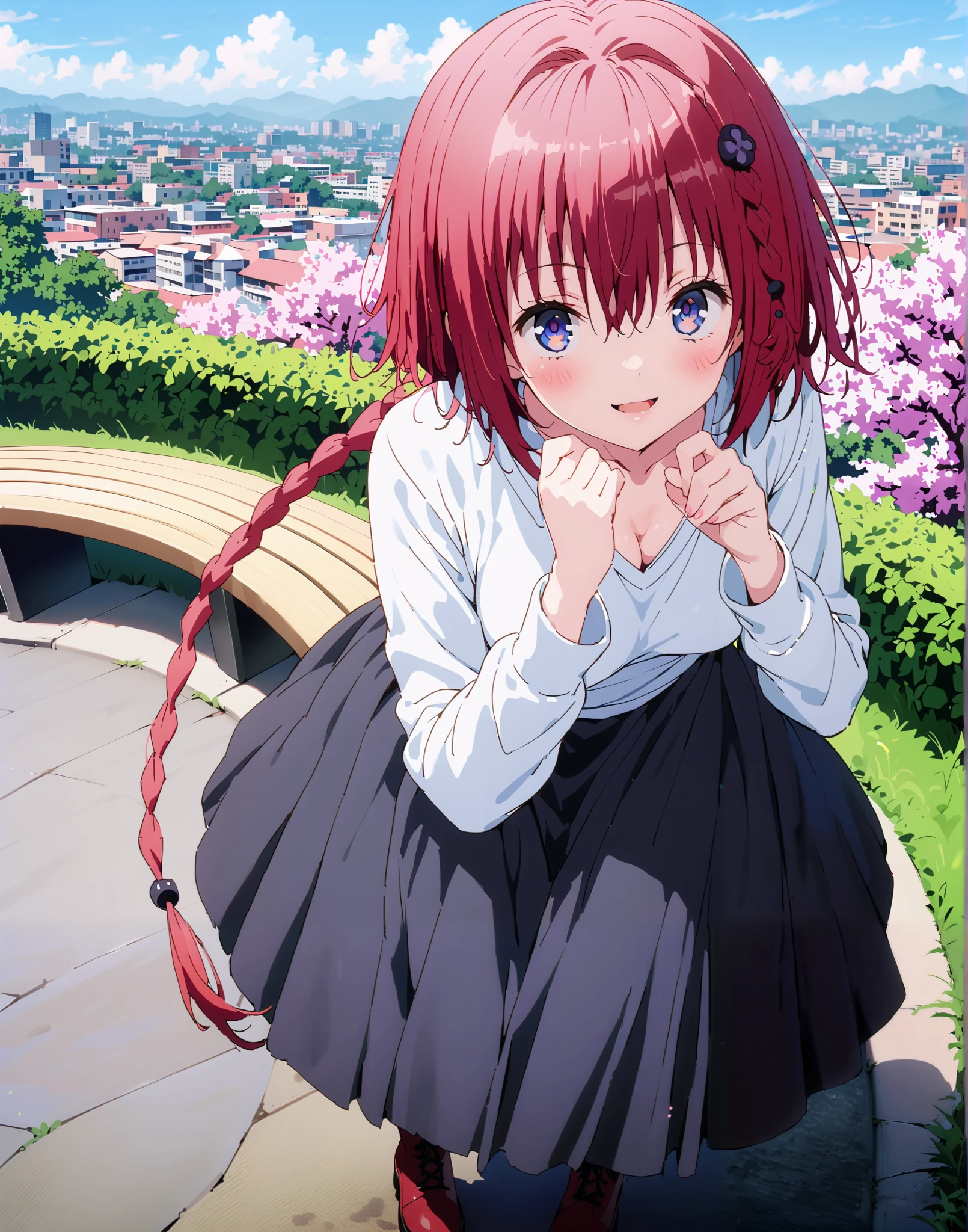Kurosaki's thing , Alone,stupid hair, blue eyes, knitting glasses, hair intake, sngle braid,HAIR ACCESSORY, red hair, hair knitting glasses, smile,blush,open your mouth,Medium breast, oversized v neck sweater long sleeve,long skirt,short boots, bench,Beautiful cityscape,cherry blossoms,standing,full bodyがイラストに入るように,
break outdoors,garden,
break looking at viewer,full body,
break (masterpiece:1.2),Best Quality , kampala, Unity 8K Wallpaper ,(shape:0.8),( fine, beautiful eyes :1.6),It's a person ,full body写真,CG Details , (perfect hands, complete anatomy),