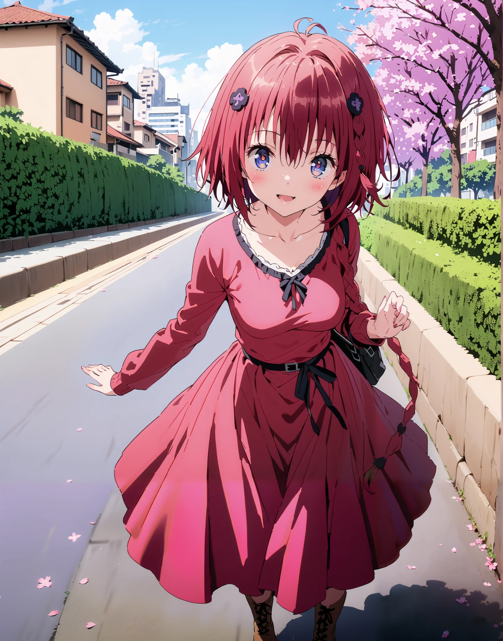 Kurosaki's thing , Alone,stupid hair, blue eyes, knitting glasses, hair intake, sngle braid,HAIR ACCESSORY, red hair, hair knitting glasses, smile,blush,open your mouth,Medium breast, oversized v neck sweater long sleeve,long skirt,short boots, bench,Beautiful cityscape,cherry blossoms,standing,full bodyがイラストに入るように,
break outdoors,garden,
break looking at viewer,full body,
break (masterpiece:1.2),Best Quality , kampala, Unity 8K Wallpaper ,(shape:0.8),( fine, beautiful eyes :1.6),It's a person ,full body写真,CG Details , (perfect hands, complete anatomy),