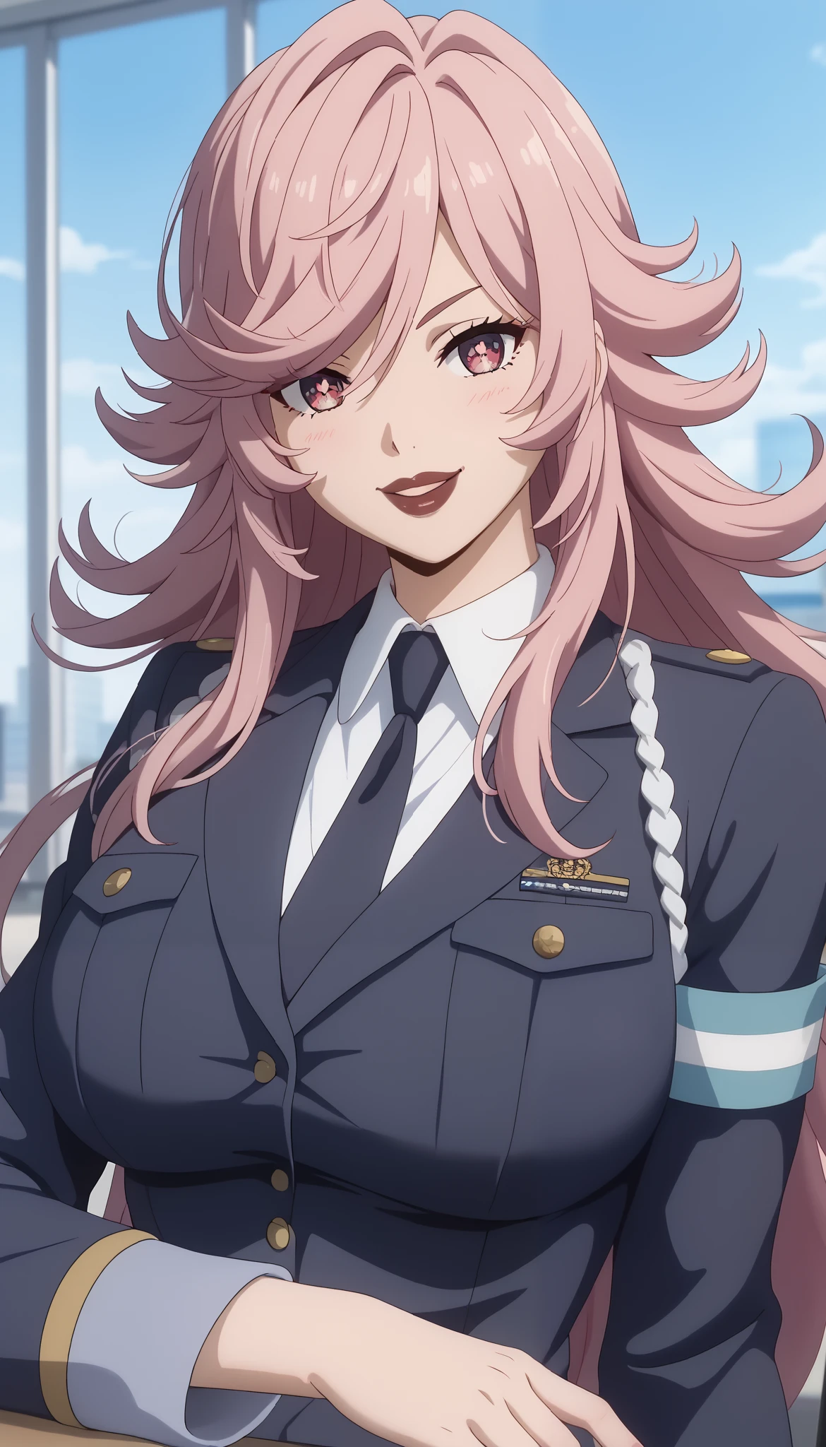 (((Perfect figure,figure,solo,white and soft skin,(((yayoi kusakabe,Office uniform clothes, black jacket )),(yayoi kusakabe long hair, pink hair, bright pink pupils, brown lipstick)),high resolution, ((Best quality in the best)),masterpiece,quality,Best quality,(( Beautiful facial features,Looking at the viewer,There is light in the eyes,(((Smile,believe (self))),)),型figure:1.7),(((Light and shadow,Big breasts)),(((Looking at the camera))