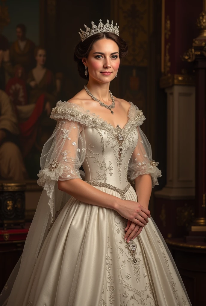 A woman in a white dress sits on a chair., Olivia Culpo as Milady de Winter, portrait shot, Portrait of Emily Blunt as Queen, aristocratic clothing, Inspired by Antoni Brodowski, Beautiful aristocracy, Royal Costume, Inspired by Sophie Pemberton, Dress in medieval lace, Romantic Dresses, Inspired by Eliseu Visconti, Light brown hair