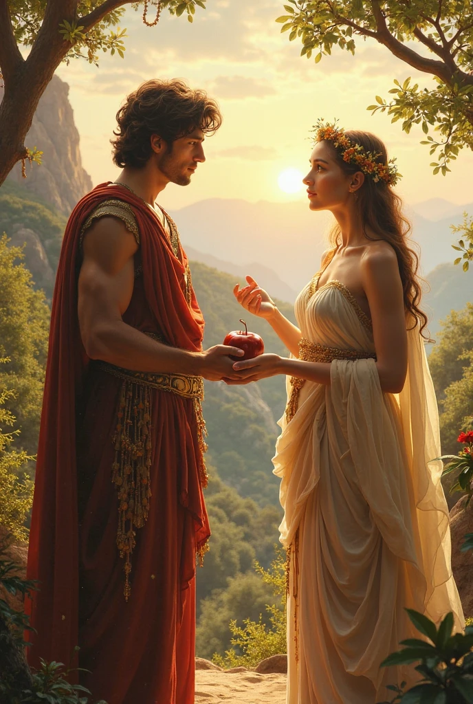 Craft an exquisite image that captures the timeless love story of Persephone and Hades, two Greek gods bound by fate and passion. In the divine realm of myth, Persephone, the radiant goddess of spring, stands in a lush, otherworldly garden. Her presence exudes the essence of life's renewal, and flowers bloom at her feet as she gazes longingly into the distance. Hades, the god of the underworld, emerges from the shadows, his demeanour softened by the light of love. He holds a pomegranate, a symbol of their connection, in one hand, while extending the other towards Persephone in a gesture of devotion. The mythological art style evident in the intricate details of their attire, which are adorned with motifs that celebrate their divinity and the world they inhabit. The colours are opulent, reflecting the regal nature of these gods, while the play of light and shadow adds depth and drama. The scene set beneath a celestial canopy, where stars twinkle and constellations weave tales of destiny. Every brushstroke dedicated to portraying the profound emotions that bind these deities, their love story woven into the very fabric of the image. With an aesthetic that mirrors the splendour of classical mythology, this artwork a testament to the power of love transcending realms.
