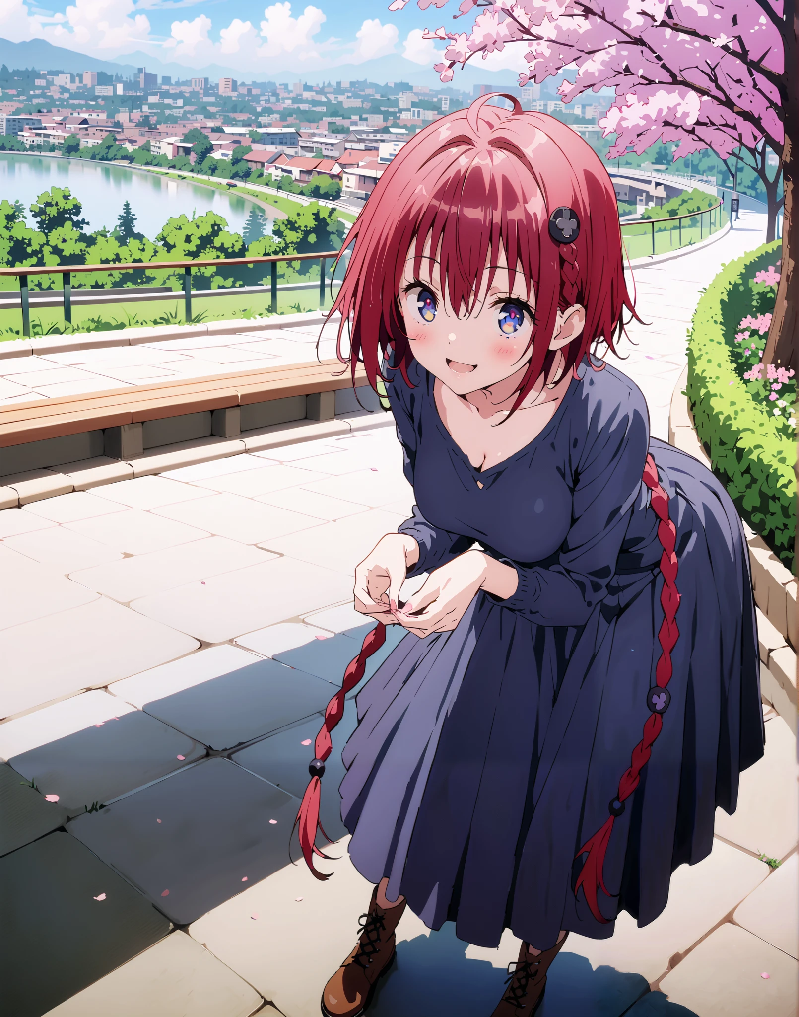Kurosaki's thing , Alone,stupid hair, blue eyes, knitting glasses, hair intake, sngle braid,HAIR ACCESSORY, red hair, hair knitting glasses, smile,blush,open your mouth,Medium breast, oversized v neck sweater long sleeve,long skirt,short boots, bench,Beautiful cityscape,cherry blossoms,standing,full bodyがイラストに入るように,
break outdoors,garden,
break looking at viewer,full body,
break (masterpiece:1.2),Best Quality , kampala, Unity 8K Wallpaper ,(shape:0.8),( fine, beautiful eyes :1.6),It's a person ,full body写真,CG Details , (perfect hands, complete anatomy),