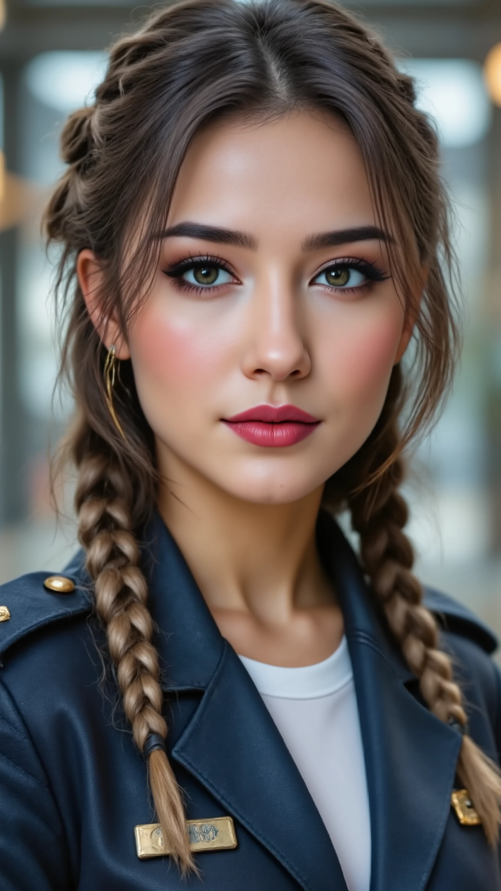 (Masterpiece, realistic, best quality, best lighting, 1 girl photo solo, Smiling, Close-up portrait of the most beautiful angel in the universe, blonde, beautifully makeup, eyeshadow, Parted Lips, Detailed Eyes, beautiful big eyes, long eye lashes, smile, Wearing a full military pilot suit, facing the camera.