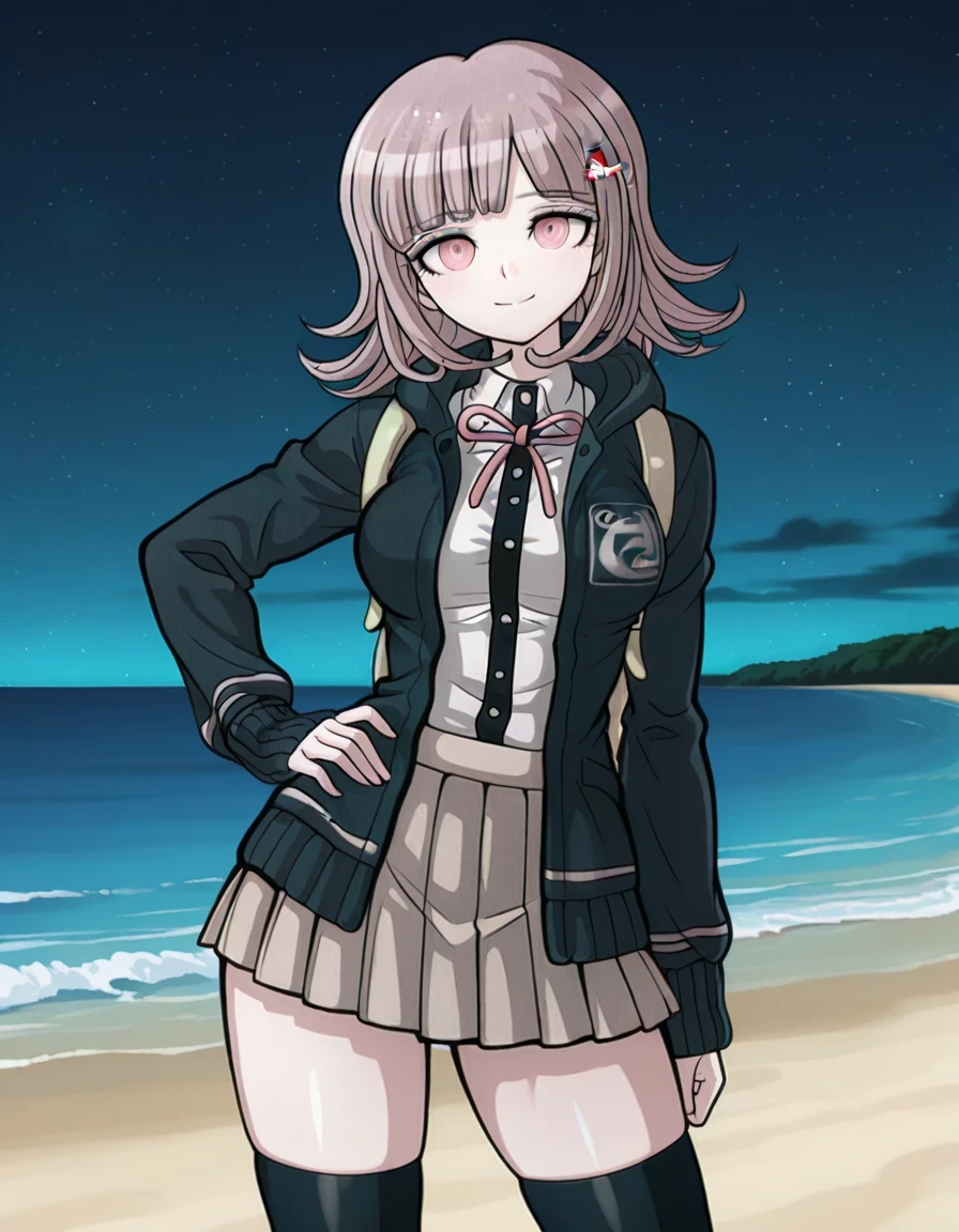nanami chiaki, game screencap, hairclip, neck ribbon, pink ribbon, black hoodie, open hoodie, hood down, collared shirt, white shirt, two-tone shirt, long sleeves, shirt tucked in, pleated skirt, brown skirt, miniskirt, zettai ryouiki, black thighhighs, flipped hair, medium hair, light brown hair, pink eyes, bangs, shiny skin, high quality, solo, night sky, beach, hand behind head, hand on hip, ((contrapposto)), closed mouth, cowboy shot, looking at viewer, smile, best quality