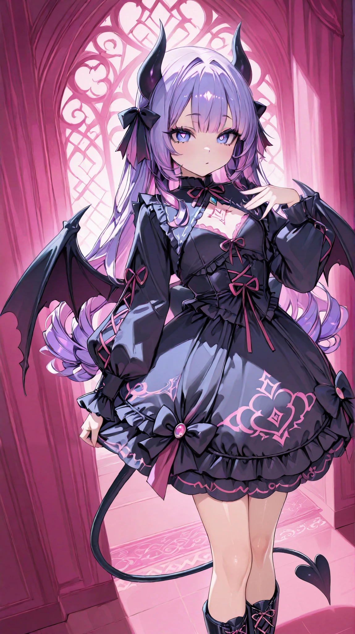 The girl is a devil/ pastel goth. She has long, loose, curly purple hair with pink highlights. She has indigo blue eyes with cat-like pupils. She has long white horns with pink ribbons. white webbed wings on the back and a white devil's tail with a bow. She is wearing a pink/white ta//pastel goth dress with ribbons and bows with long puffy sleeves that hide her palms. She has a puffy collar with a red ribbon and a blue stone on her chest. She has long legs dressed in pink lace-up boots and white with bows. She is in a pink and black Gothic room among mannequins decorated with purple ribbons.