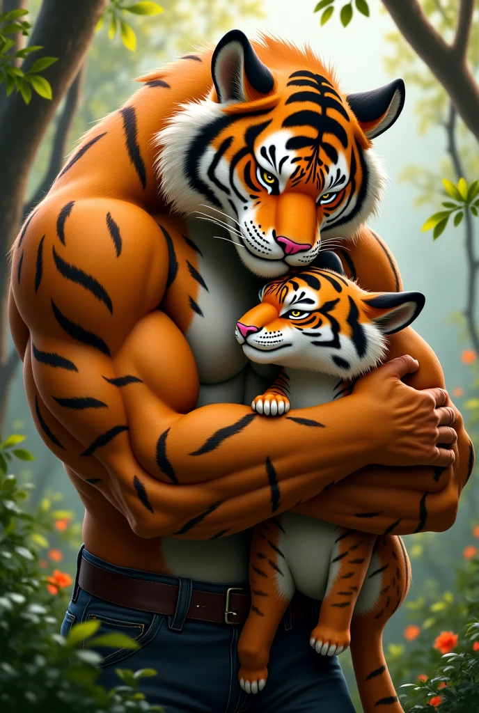 A muscular furry tiger sitting on the lap of another muscular furry tiger
