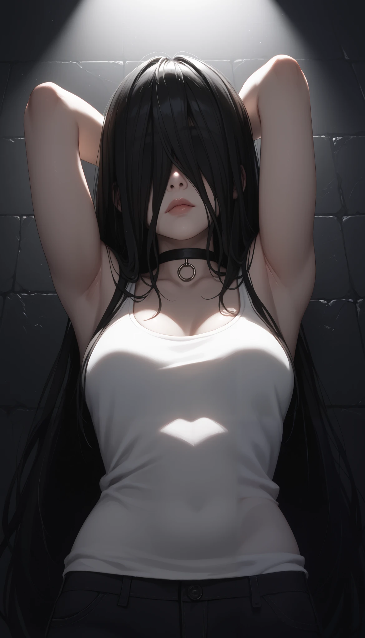 very realistic close up of a young woman posing against a graphic wall, Sadako yamamura, seductive portrait, Eyes covered by hair, long black hair, black hoodie and white tank top, choker, minimal accessories, standing pose, arms raised behind her head, large round breasts, black background with soft neon indoor lighting, serene atmosphere, [low angle, sharp focus on the subject, well balanced lighting.