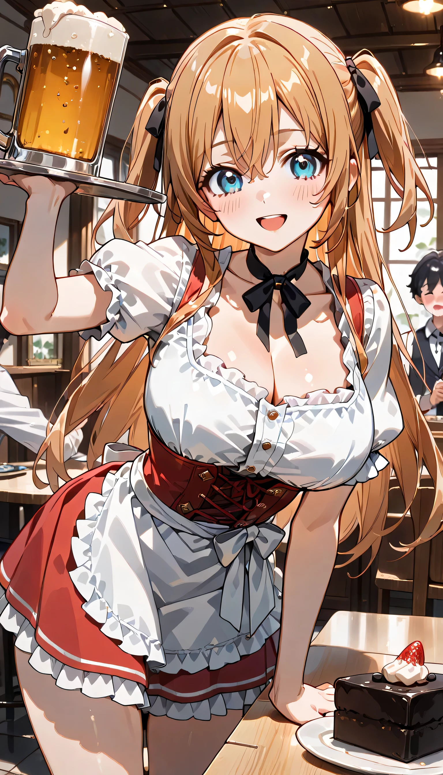 ((ultra-detailed)), (highly detailed CG illustration), (best quality:1.2), ultra-highly detailed, colorful composition, artistic photoshoot, 1girl, solo focus, ((thigh to top:1.4)), ((cowboy shot:1.4)), moe anime character,  girl, dainty facial structure, (bab(round face), ((rounded chin:1.2)), ((ideal ratio body proportions)), celia-default, celia claire, (blue eyes), sparkle eyes, silver hair color, braid hair, two side up, (hair ribbon with red), ample breasts, (fusion of dirndl and short sleeve white shirt with neck ribbon:1.4), open clothes, white frilled chichi-bukuro, ((puff sleeves:1.3)), ((red Pinafore, red corset:1.3)), thighs skin, ((smile:1.4)), ((happy:1.4)), ((joyful:1.4)), ((blush:1.4)), ((open mouth)), ((waitress)), ((hand out a glass with whiskey:1.4)), ((Cakes are placed on the customer's table:1.4)), ((Chocolate cake in the hall with cherry on top:1.4)), ((in germany beer hall)), Customers drinking alcohol, best quality, masterpiece, ((dynamic pose)), ((contrapposto pose)), from front, expecting, pink cheek, blush, light pink gloss slip, portrait, depth of field, soft lighting, sidelighting, (shine), lighting, caustics, ray tracing, smile, perfect face, lustrous skin, highly  detailed face, highly detailed eyes, perfect face, perfect nose, perfect hair, perfect eyes, perfect anatomy, beautiful hair, beautiful small face, extremely detailed face, beautiful detailed eyes, beautiful clavicle, beautiful body, beautiful huge breasts, leavage, breasts squeezed together, equalize the size of the left and right breasts, beautiful thin thighs,  beautiful legs, beautiful fingers, 4 fingers, 1 thumb, lovely, (very detailed background:1.0), (highly detailed background:1.0), summer aesthetic, intricate details, ((lively atmosphere)), ((joyful atmosphere)), summer colors palette, chromatic aberration