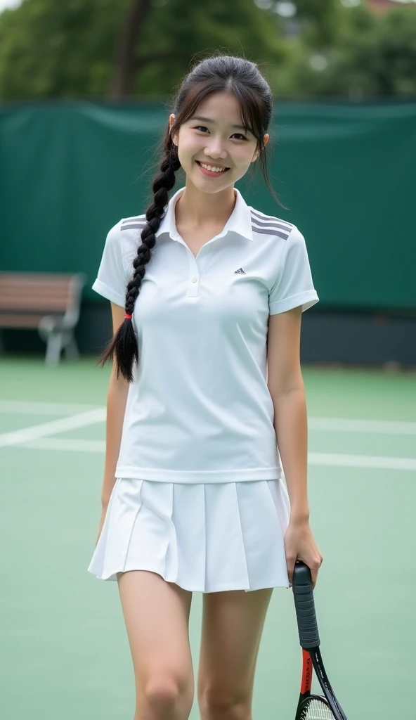 ((((whole body:1.3),1 girl, alone, Japanese Girls, girl、12 years old, (hig, Realistic, High resolution, 8k, Very detailed, Detailed face, Shiny skin), Black Hair, Tennis player uniforms,Miniskirt Uniform,shabby bangs, ponytail,smile,Flat boobs,whole bodyショット,The face is looking at the viewer,Perfect hands,Perfect Legs,Are standing,Tennis court,A dynamic pose