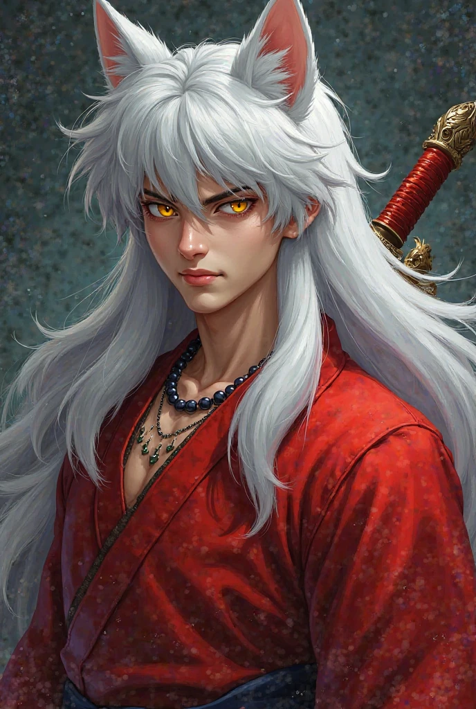 dark fantasy digital painting illustration subrealistic . Inuyasha Japanese male and stocky dynamic pose, with dog ears, Yellow eyes, long silver hair, red kimono with a black pearl necklace with two fangs, With the sword steel fang with the handle made of wolf's skin, posing on his shoulder.