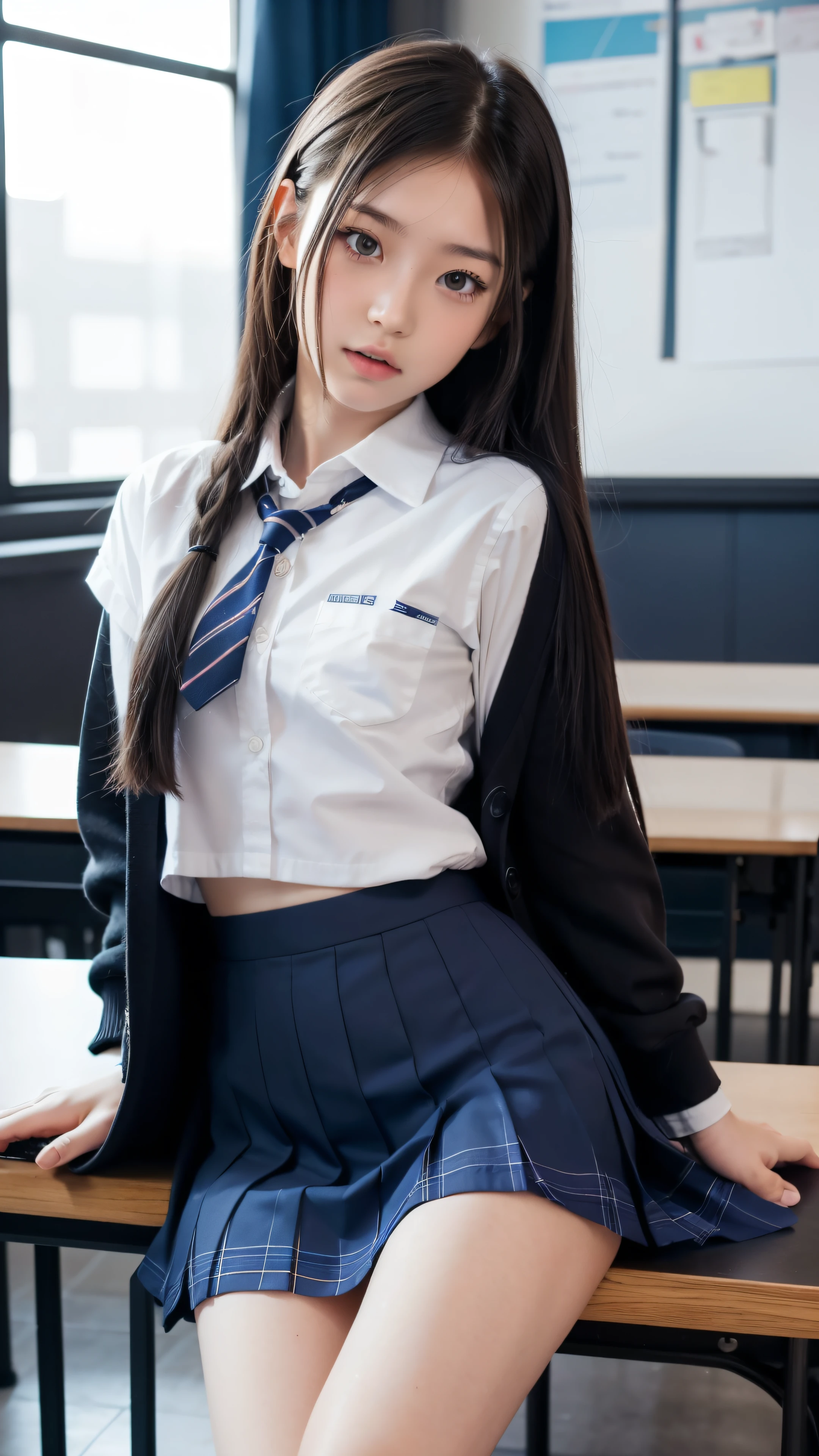 amazing artwork of sexy schoolgirl, cropped school uniform, skirt, pantyshot, long silver hair, makeup, detailed face, ahegao, masterpiece, d, amazing lighting, in classroom, artstation, award winning, stunning, aesthetic, depth, shading, sitting, legs spread apart
