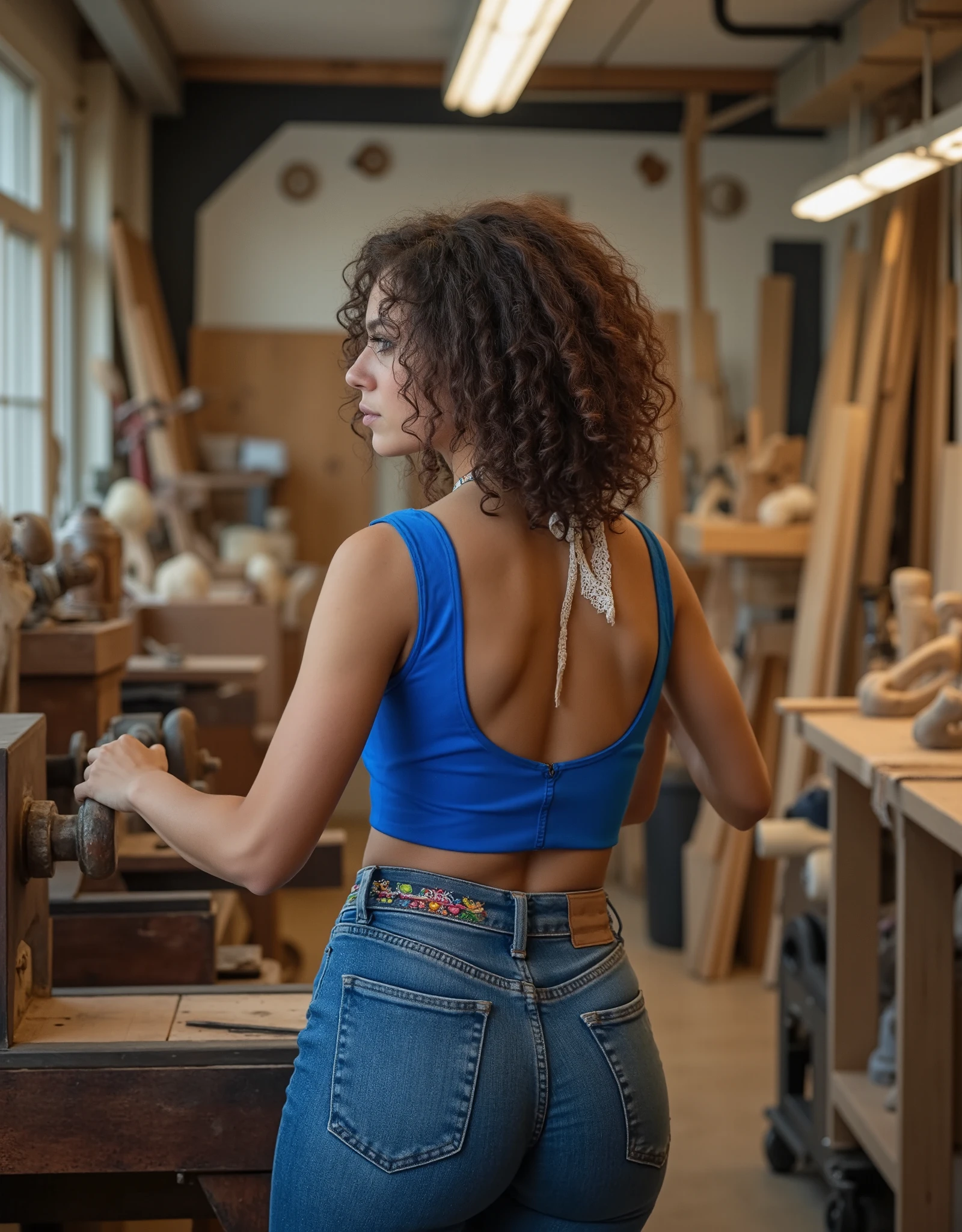  Professional photographic shot of a woman in a rustic woodworking studio, wearing a vibrant blue open-back bodysuit and fitted denim jeans. A decorative belt with colorful patterns cinches her waist, and a delicate white lace ribbon adorns her curly hair. She stands with her back to the camera, engaged in crafting, using a wood lathe in a workshop filled with tools and machinery. The ambient lighting comes from fluorescent lights overhead, casting a slightly cool tone over the wooden textures and industrial elements. The contrast between her bright clothing and the neutral, earthy background highlights her figure. Detailed textures, workshop setting, industrial yet artistic atmosphere.