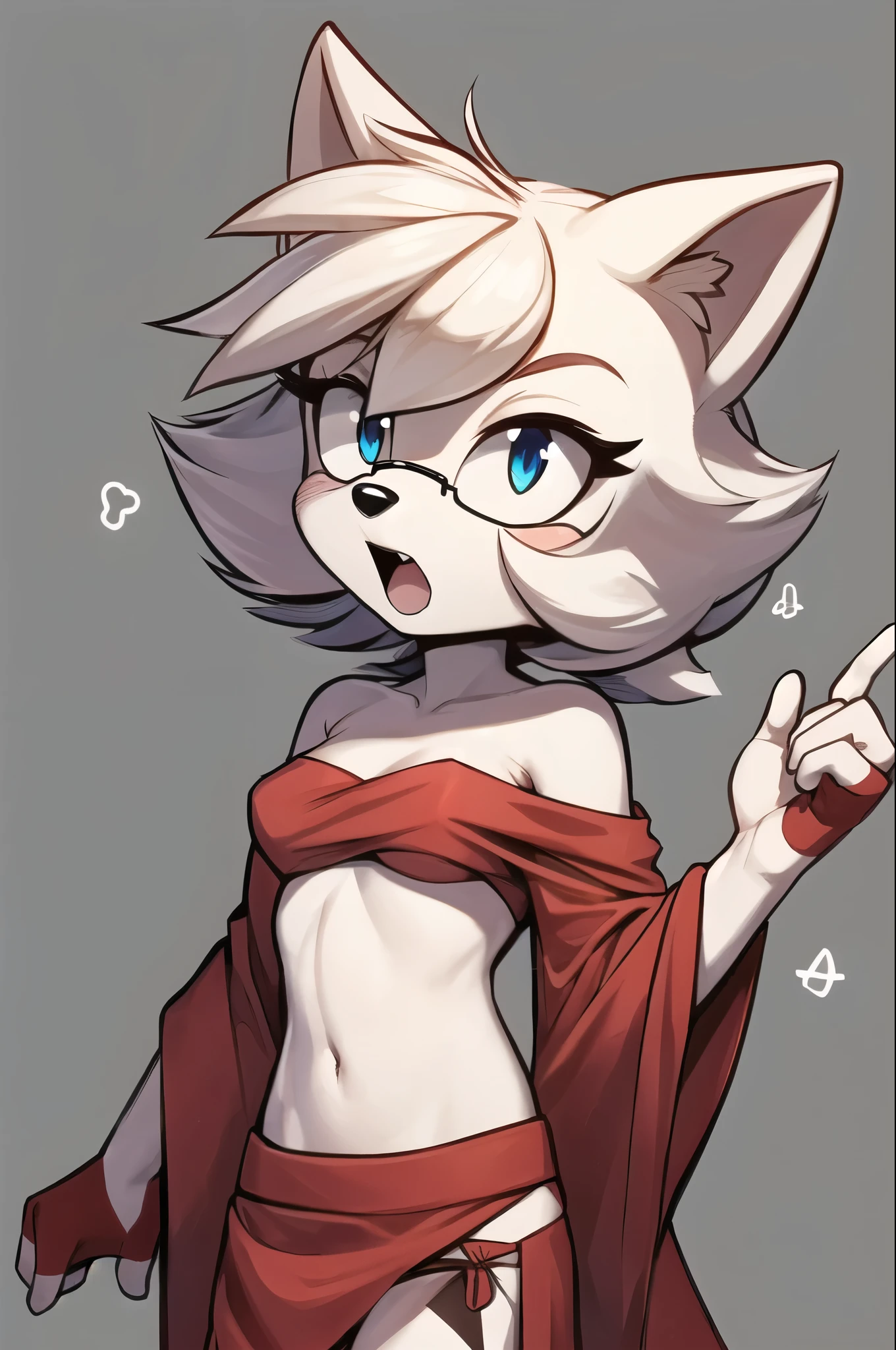 ((masterpiece,best quality)), absurdres, ahoge, one hand against cheek, (Mobian), Mobian cat, single cat tail, sonic oc, Sonic the hedgehog series style, masterpiece, best quality, 1girl, anthro, furry, Mobian, fur, fluffy fur, ((white fur)), calico cat patterned fur, calico cat girl, furry, cat ears, animal nose, cute eyes, light blue eyes, calico cat tail, messy hair, medium hair, shoulder length hair, solo, (simple background), detailed, red tube top, wrapped tube top, kimono styled tube top, off shoulder, long sleeves, red fingerless gloves, short red skirt, red bikini bottom straps, curious, small mouth, open mouth, head tilt, ager (18 years), medium breast, glasses, blush, looking at the viewer, light particles, score_9, score_8_up, score_7_up, score_6_up, score_5_up, score_4_up, evnstnly, Even Stanley art style, Sonic OC, Sonic fan character, Sonic the Hedgehog series, (2D), curious girl, curious personality
