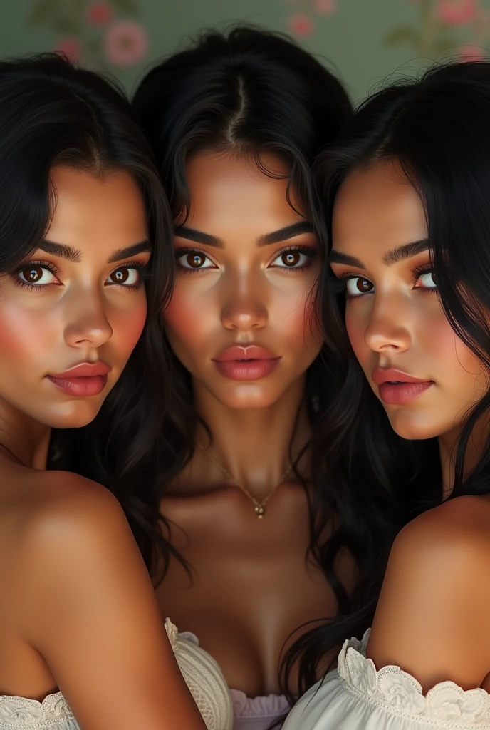 naked 3 women, slim face with pink lips, slim, black curly hair, big brown eyes, high resolution, (Photorealsitic:1.4), Breast cleavage, big breasts, full body photo, realistic, Perfect Lighting, depth of fields, Beautiful shadow gradient, (((fullbody))), whole body capture, fullbody, black pubic hair, eyes on camera, details eyes, beautiful eyes, masterpiece, naked, dramatic lighting, intricate details, high contrast