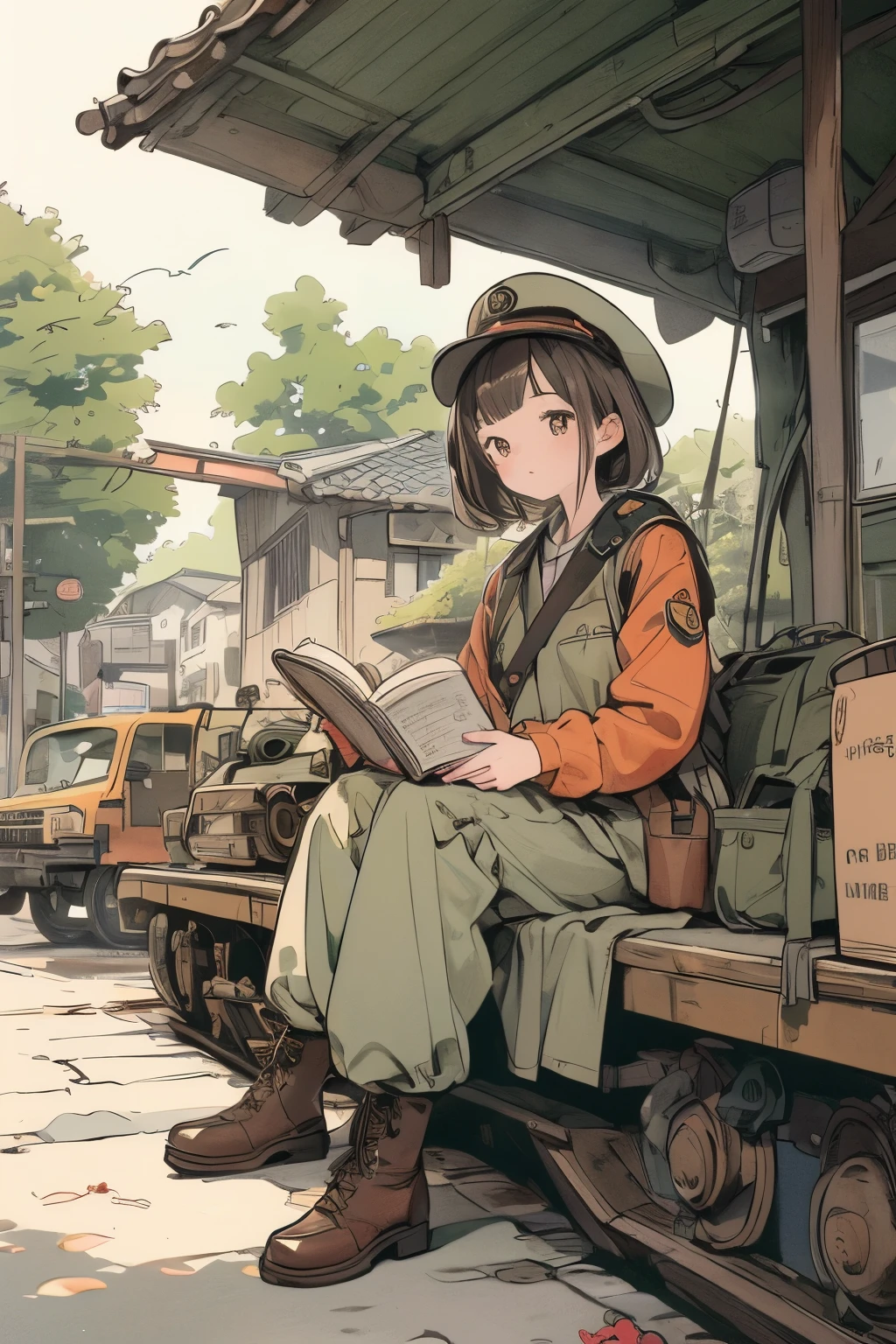 Pastel drawing、A soldier girl is leaning against the caterpillar track of a tank and reading a book.、Next to her, a white rabbit is reading a book with the girl, placing it on the ground.、The girl has short brown hair、Wearing an old German military helmet and uniform、Wear long pants and brown leather combat boots、The girl puts a rifle on her shoulder、Holding a book with both hands and reading、Gentle expression、Rabbits are cute and fluffy、A lot of military vehicles are lined up around the girl.、Surrounding trees,The color is reminiscent of autumn leaves.、masterpiece, best quality, high resolution, detailed, extremely fine design, masterpiece, best quality, high resolution, detailed design,