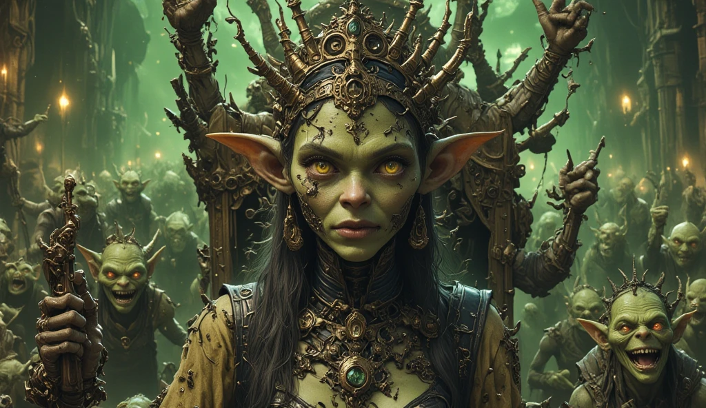 Queen of the Goblins, Her majestic presence fills the frame as she sits upon her throne, her gaze unwavering and commanding. Every intricate detail of her regal attire, from the delicate embroidery of her gown to the shimmering jewels adorning her crown, is rendered with astonishing realism. The soft glow of enchanted lanterns casts warm highlights and deep shadows, creating a sense of depth and atmosphere in the scene. The forest backdrop is depicted with breathtaking realism, each leaf and blade of grass rendered with meticulous attention to detail. Sunlight filters through the canopy above, dappling the forest floor with golden rays and adding to the immersive nature of the image. The camera, equipped with a 70mm lens, captures the queen in a close-up shot, allowing the viewer to appreciate every subtle expression and nuance of her royal demeanor. With its lifelike detail and masterful use of lighting, this photorealistic depiction transports the viewer into the heart of the enchanted forest, where the Queen of the Goblins reigns supreme.
((Type of Image: Photorealistic))
((Art Styles: Realism))
((Art Inspirations: None specified))
((Camera: Close-up shot, 70mm lens))
((Render Related Information: Lifelike detail, masterful lighting))
<lora:g0blin - Goblin Concept:0.8> g0blin