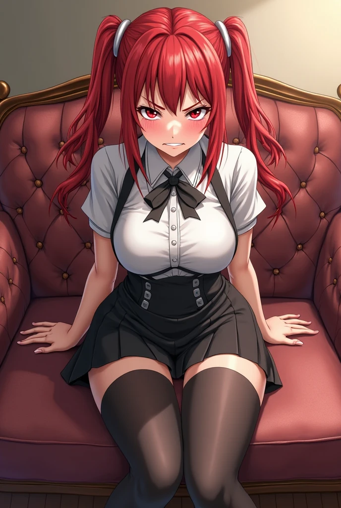 (Masterpiece:1.2, high quality:1.2), (solo:1.2), (1girl:1.2), (pixiv:1.4), (Rias gremory), indifferent, (glare:0.8), crimson red hair, wavy long hair, sharp bangs, crystal green eyes, (detailed eyes), double eyelids, black eyeshadow, long eyelashes, pale pink lips, beautiful face, detailed face, plunging neckline, collarbone, (beautiful round breats:1.2), school uniform, unbuttoned shirt, pleated skirt, pantyhose, (pov from below), front view, stockings, thighs, sitting on desk, dynamic lighting, (window), windowsill, blue sky, ((detailed face)), ultra-detailed, intrinsic details, vivid colors, aesthetic indoors, classroom, HD, 4k, (highres:1.5), professional photography, blurry background, sharp focus