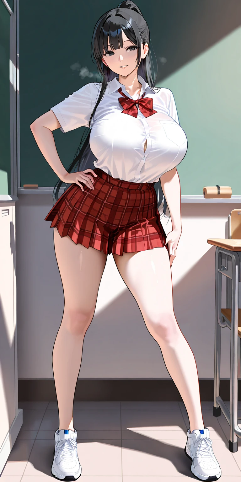 ( big breasts ) , ( NSFW ) , tall legs  , smile , ( milf ) , HD , detailed eyes , ( Black hair ) , ( short skirt ) ,classroom , tall body  , flirty , High heels , 