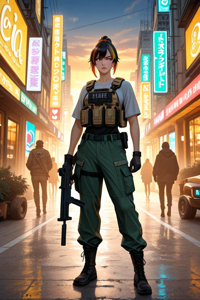 masterpiece, best quality, realistic, the terminator wearing a sunglasses, holding a shotgun at a cyberpunk night city, BREAK vector art, pop art, 2D, deformation