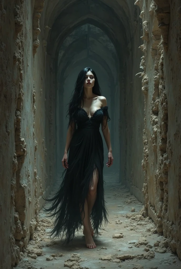 A Greek vampire with olive skin and piercing eyes, blood seeping from her fangs. She is dressed in a modern black dress, blending with the ancient surroundings of the Temple of Apollo at Delphi. The night is silent, with the ruins illuminated by a faint crescent moon. She prowls among the ancient stones, the air thick with the scent of blood and the echoes of prophecy.