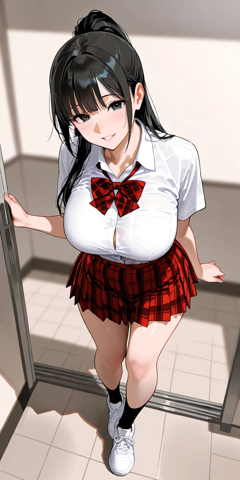 1 girl, alone,  brown eyes, black hair, long hair,half up、 (white nurse uniform:1.4),hospital, hospital room、blue sky、very big breasts、expose one&#39;s chest、Bare your breasts、nipples are transparent、blush、embarrassing、scared face、in trouble、A lot of milk comes out of the nipples、Breast milk squirts out of the nipples、very short skirt、Micro Mini Skirt、The shape of a woman&#39;s private parts is clearly visible、vibrator in thighhighs、The crotch is wet with love juice、Love juice is dripping from the crotch、white pantyhose