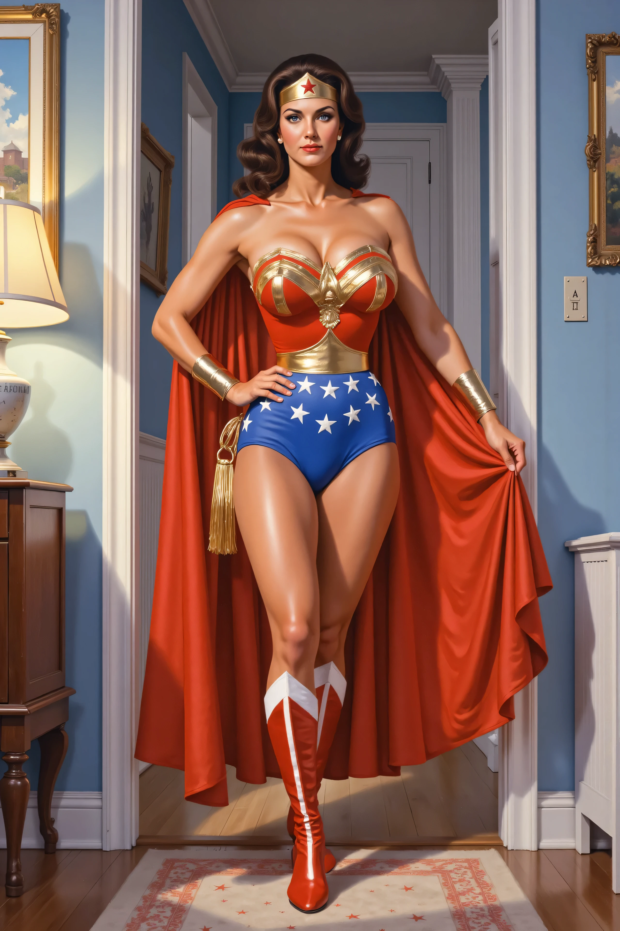  ((oil painting:1.1)) of SEXY LYNDA CARTER AS THE ICONIC 1960 WONDER WOMAN, WEARING A SPANDEX WONDER WOMAN COSTUME, SPANDEX PATRIOTIC BLUE SKIRT. A RED PATRIOTIC WONDER WOMAN CAPE, RED WONDER WOMAN BOOTS. HER GOLDEN LASSO ATTACHED TO THE SIDE OF HER HIP. CRYSTAL CLEAR ART, CELAN CRISP ART, 4K, 8K, MILLIONS OF TEXTURES, alexross style, heroic pose