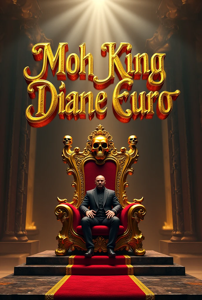 Create a realistic image where a woman wearing white luxury suit and sitting on king size chair with crown 👑, she's holding a 🍷 wine glass in her hand, there is smoke in background a shadow. In background the name "Bebo" is showing in bold reflection in shadows