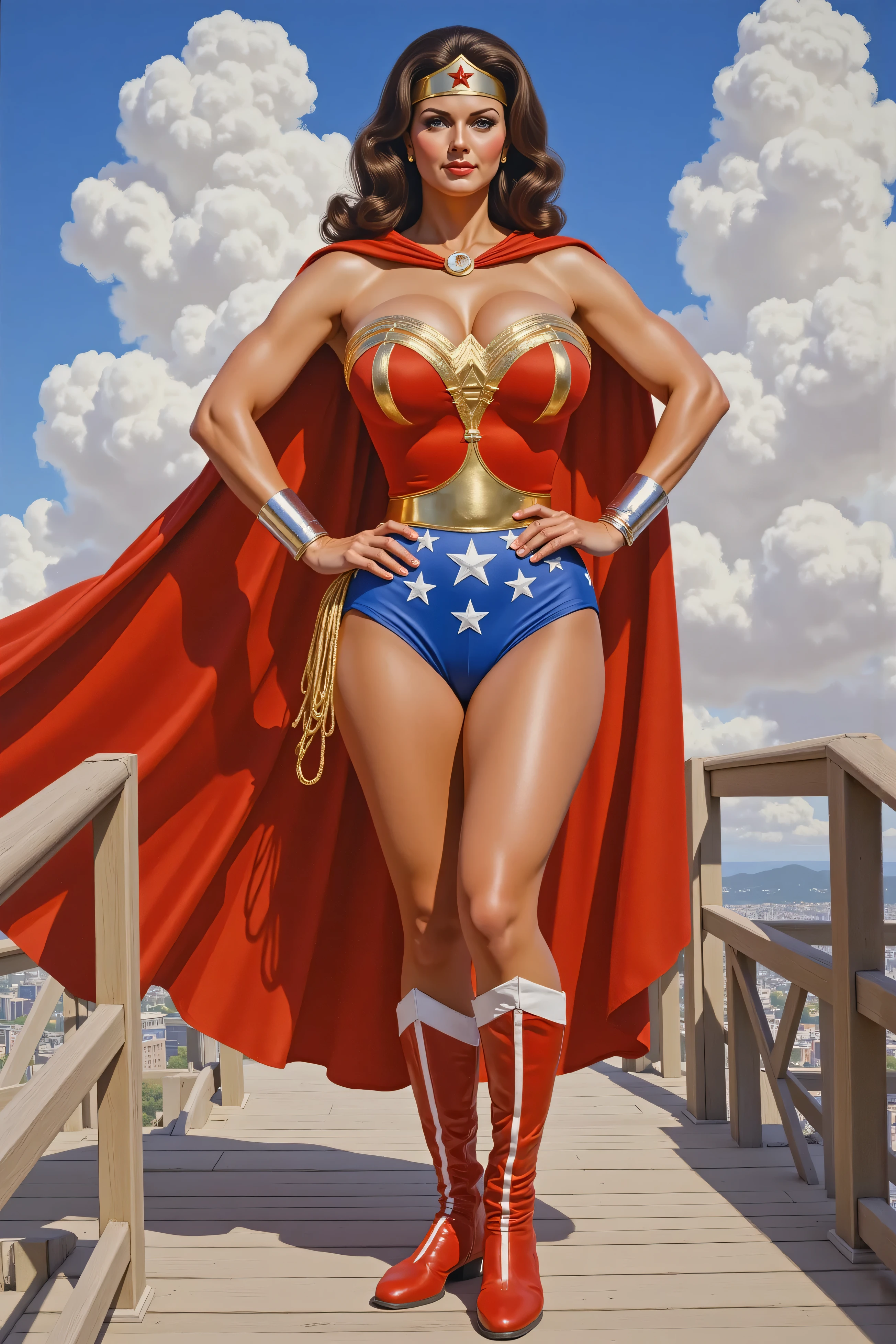 ((oil painting:1.1)) of SEXY LYNDA CARTER AS THE ICONIC 1960 WONDER WOMAN, WEARING A SPANDEX WONDER WOMAN COSTUME, SPANDEX PATRIOTIC BLUE SKIRT. A RED PATRIOTIC WONDER WOMAN CAPE, RED WONDER WOMAN BOOTS. HER GOLDEN LASSO ATTACHED TO THE SIDE OF HER HIP. CRYSTAL CLEAR ART, CELAN CRISP ART, 4K, 8K, MILLIONS OF TEXTURES, alexross style, heroic pose
