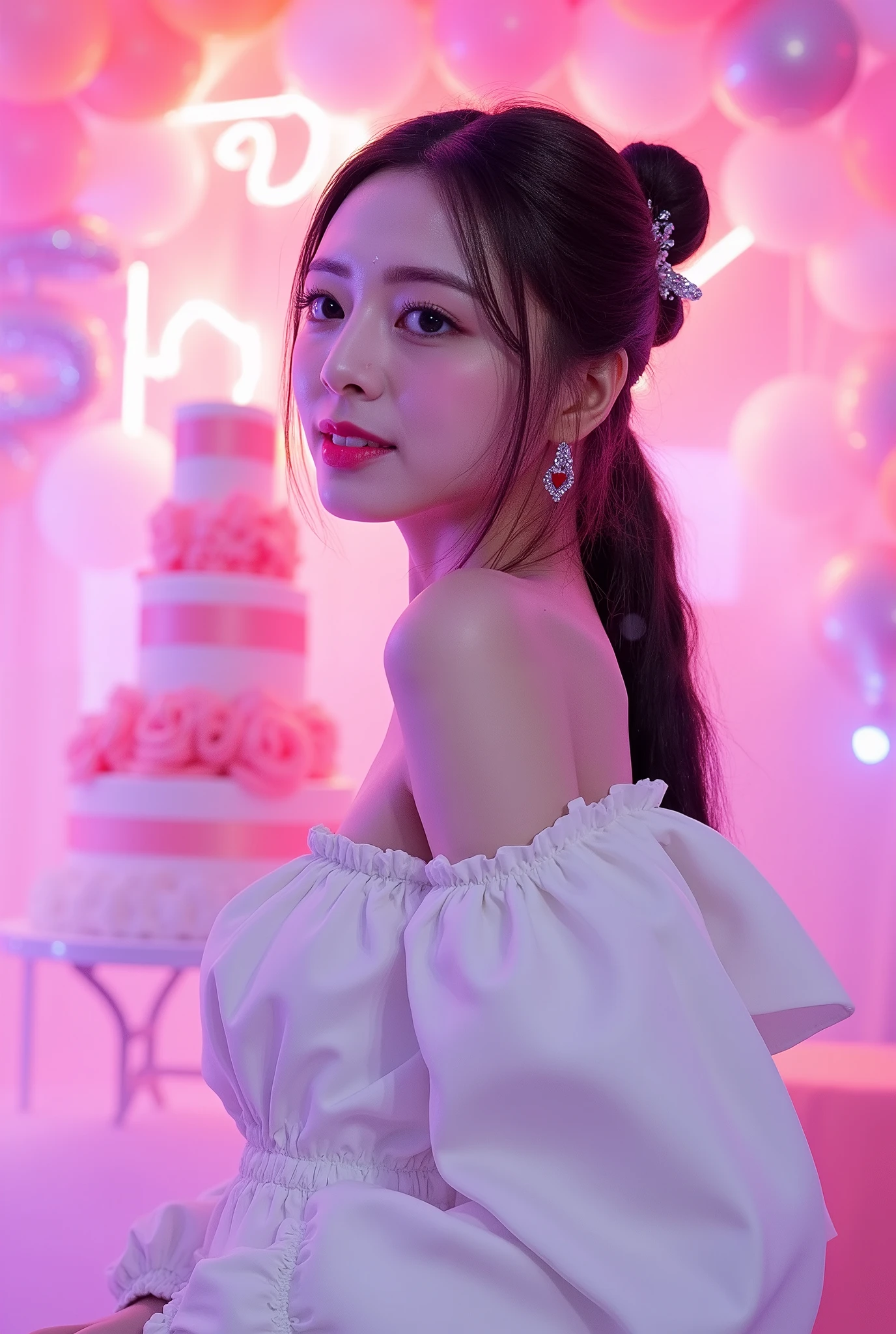 a tall girl with beautiful korean face, pale skin, red lips, a bit smile, wearing white luxury shining shimmering long sleeves dress with accessories on dress. hair chignon style brown hair with accessories pendant necklace. background neon pink fuschia and white HAPPY BIRTHDAY wording with balloons and 3 tier cake. lightning on face. daïs background