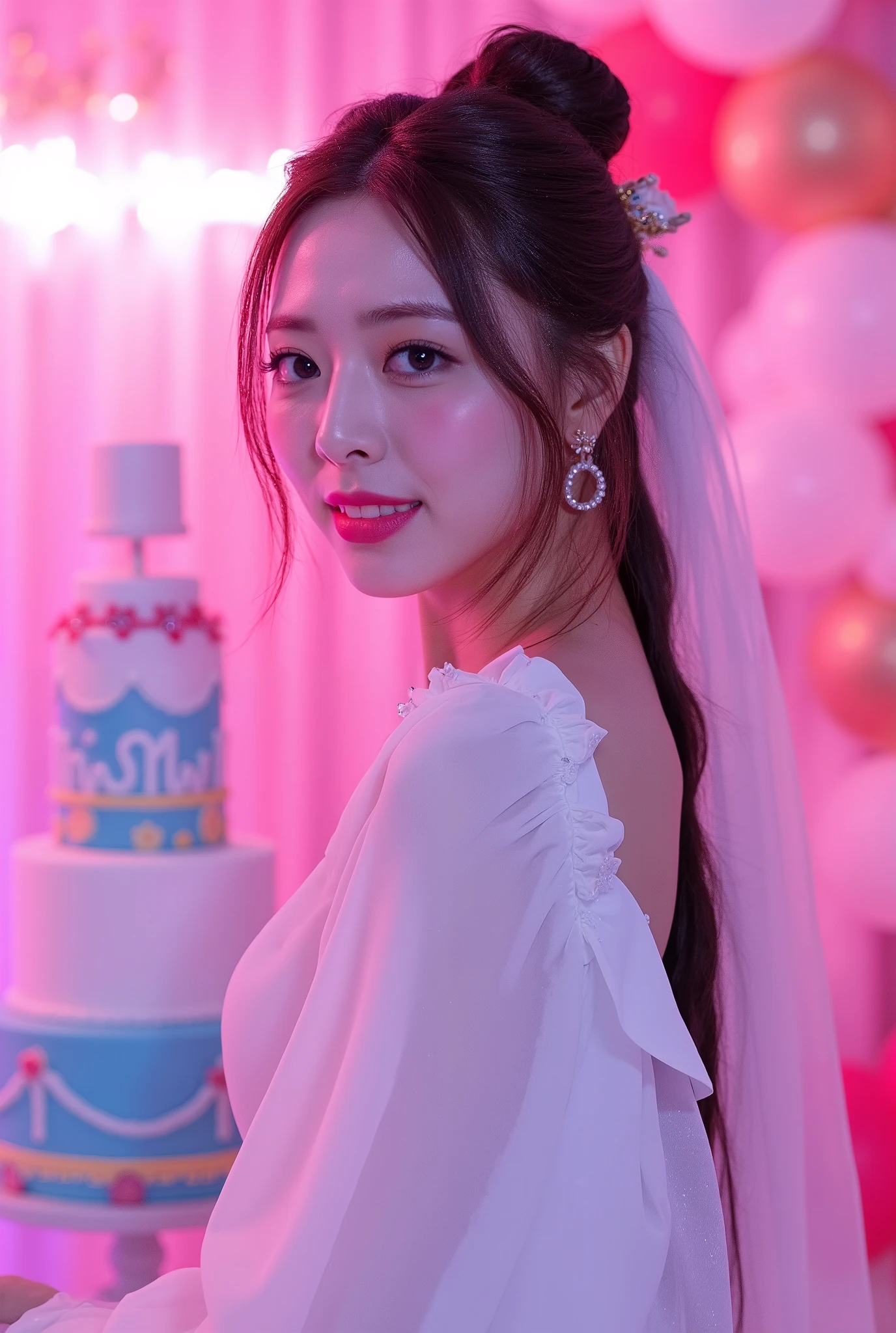 a tall girl with beautiful korean face, pale skin, red lips, a bit smile, wearing white luxury shining shimmering long sleeves dress with accessories on dress. hair chignon style brown hair with accessories pendant necklace. background neon pink fuschia and white HAPPY BIRTHDAY wording with balloons and 3 tier cake. lightning on face. daïs background