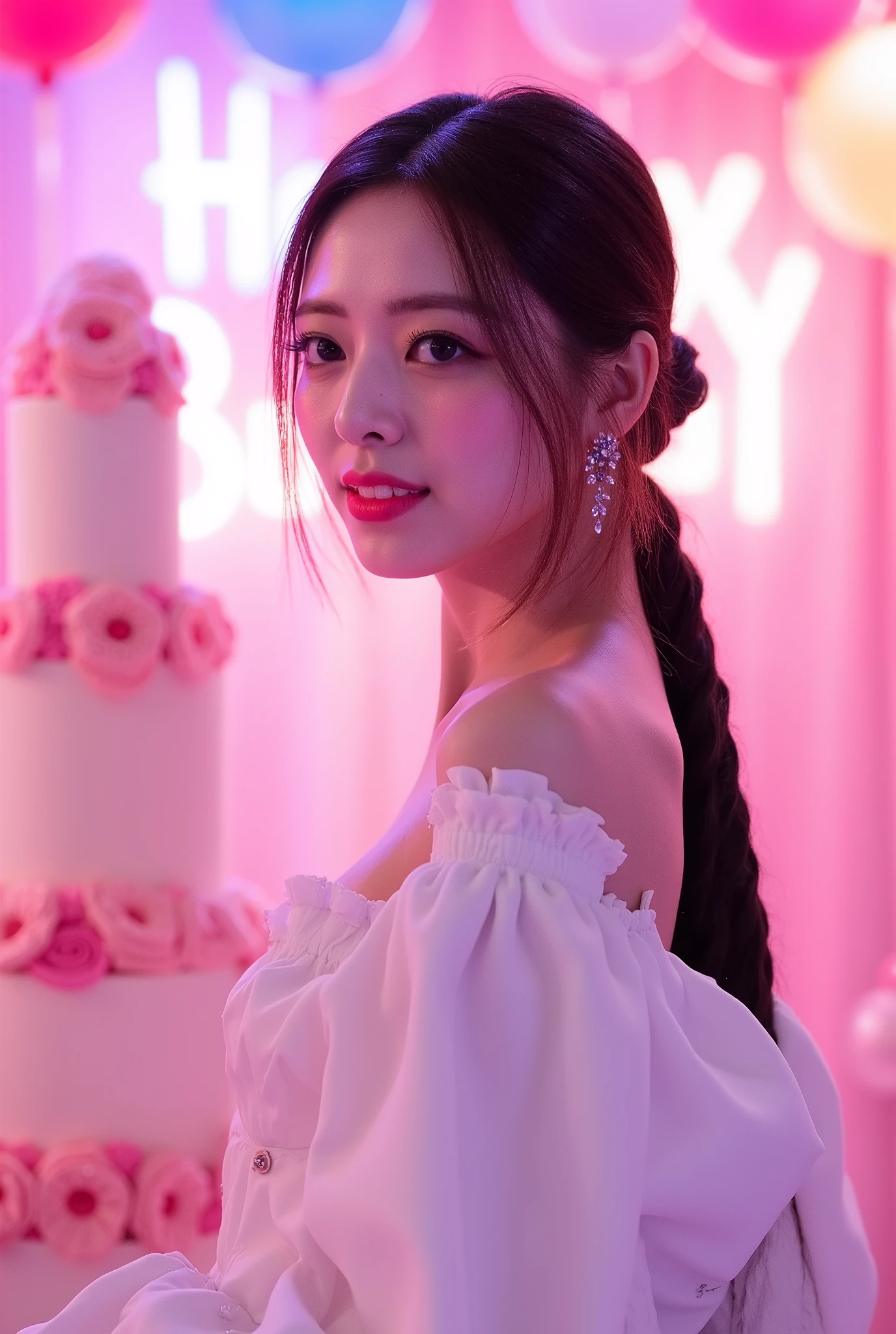 a tall girl with beautiful korean face, pale skin, red lips, a bit smile, wearing white luxury shining shimmering long sleeves dress with accessories on dress. hair chignon style brown hair with accessories pendant necklace. background neon pink fuschia and white HAPPY BIRTHDAY wording with balloons and 3 tier cake. lightning on face. daïs background