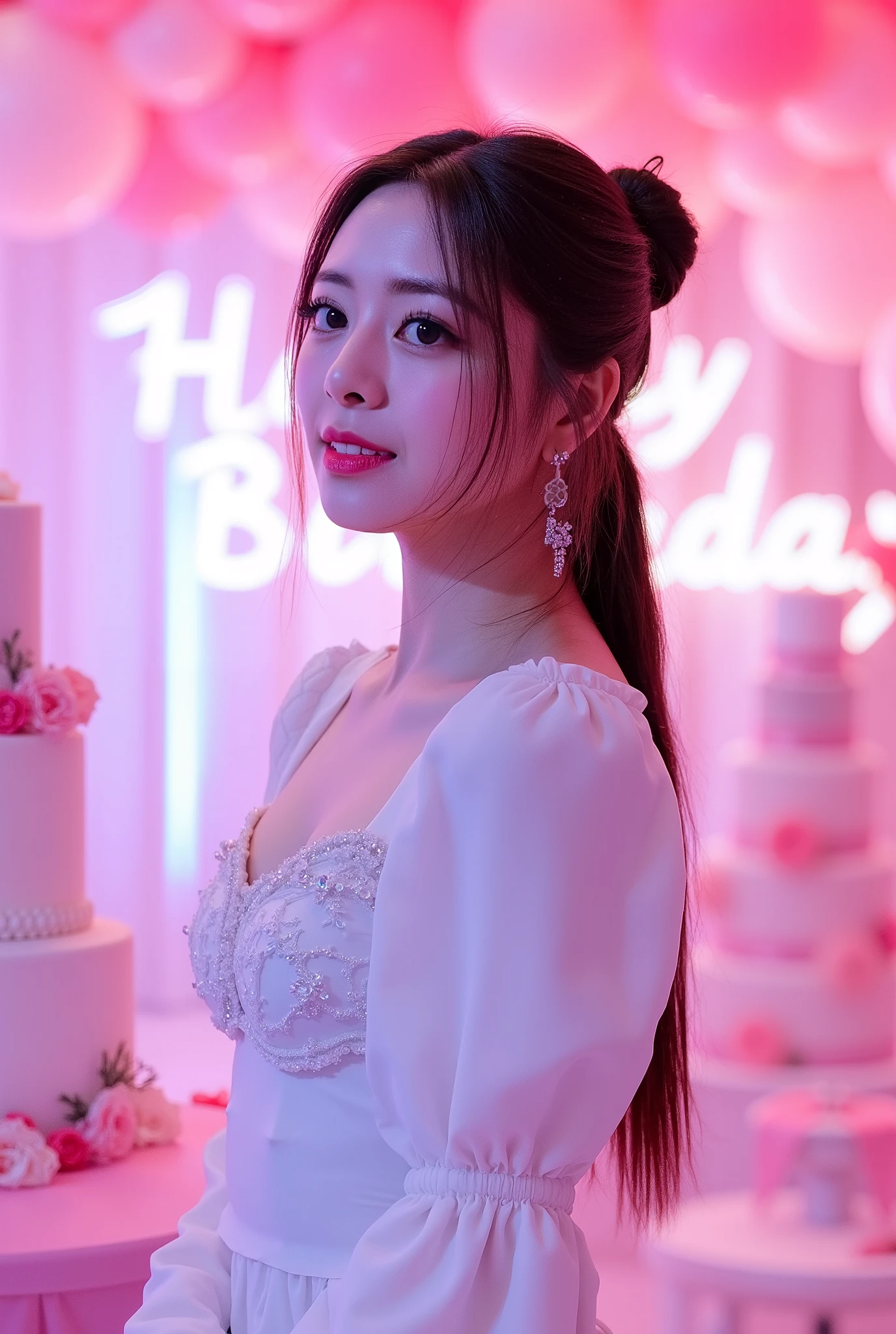 a tall girl with beautiful korean face, pale skin, red lips, a bit smile, wearing white luxury shining shimmering long sleeves dress with accessories on dress. hair chignon style brown hair with accessories pendant necklace. background neon pink fuschia and white HAPPY BIRTHDAY wording with balloons and 3 tier cake. lightning on face. daïs background