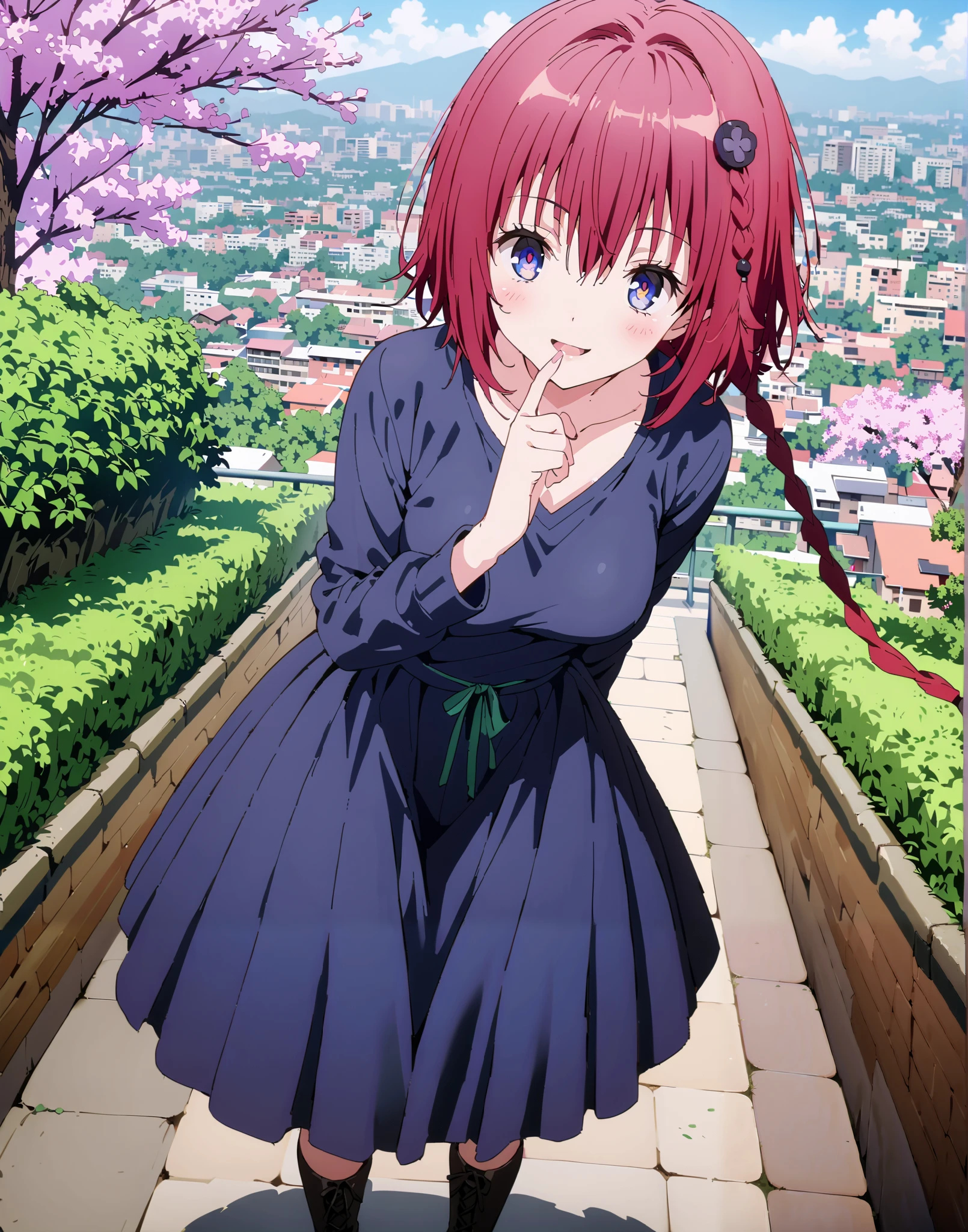 Kurosaki's thing , Alone,stupid hair, blue eyes, knitting glasses, hair intake, sngle braid,HAIR ACCESSORY, red hair, hair knitting glasses, smile,blush,open your mouth,Medium , oversized v neck sweater long sleeve,long skirt,short boots, bench,Beautiful cityscape,cherry blossoms,standing,full bodyがイラストに入るように,
break outdoors,garden,
break looking at viewer,full body,
break (masterpiece:1.2),Best Quality , kampala, Unity 8K Wallpaper ,(shape:0.8),( fine, beautiful eyes :1.6),It's a person ,full body写真,CG Details , (perfect hands, complete ),