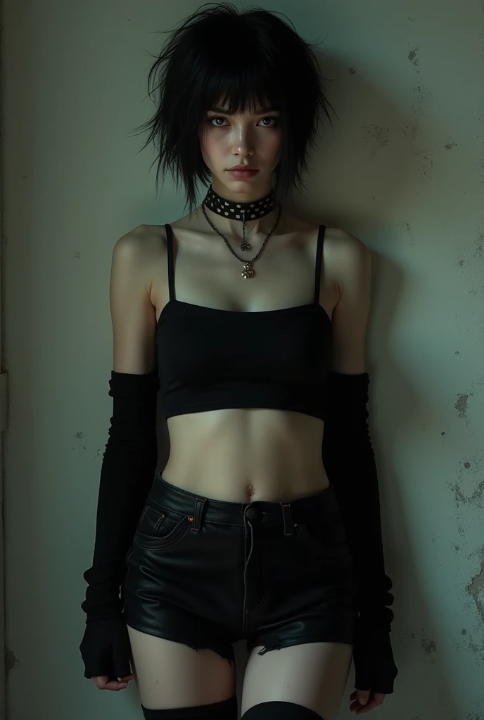 purpleとyellowで構成された絵画最高品質, High resolution,(A frame made of chains and ruins),pretty girl、Small eyes、(Flat Chest), ((Odd colored hair,green,purple,yellow)), beautiful、、Tattered denim pants、Tattered black tank top、Circus、Collar with a large chain、Clown、(He is pointing a bloody knife at the camera)、Bold Pose