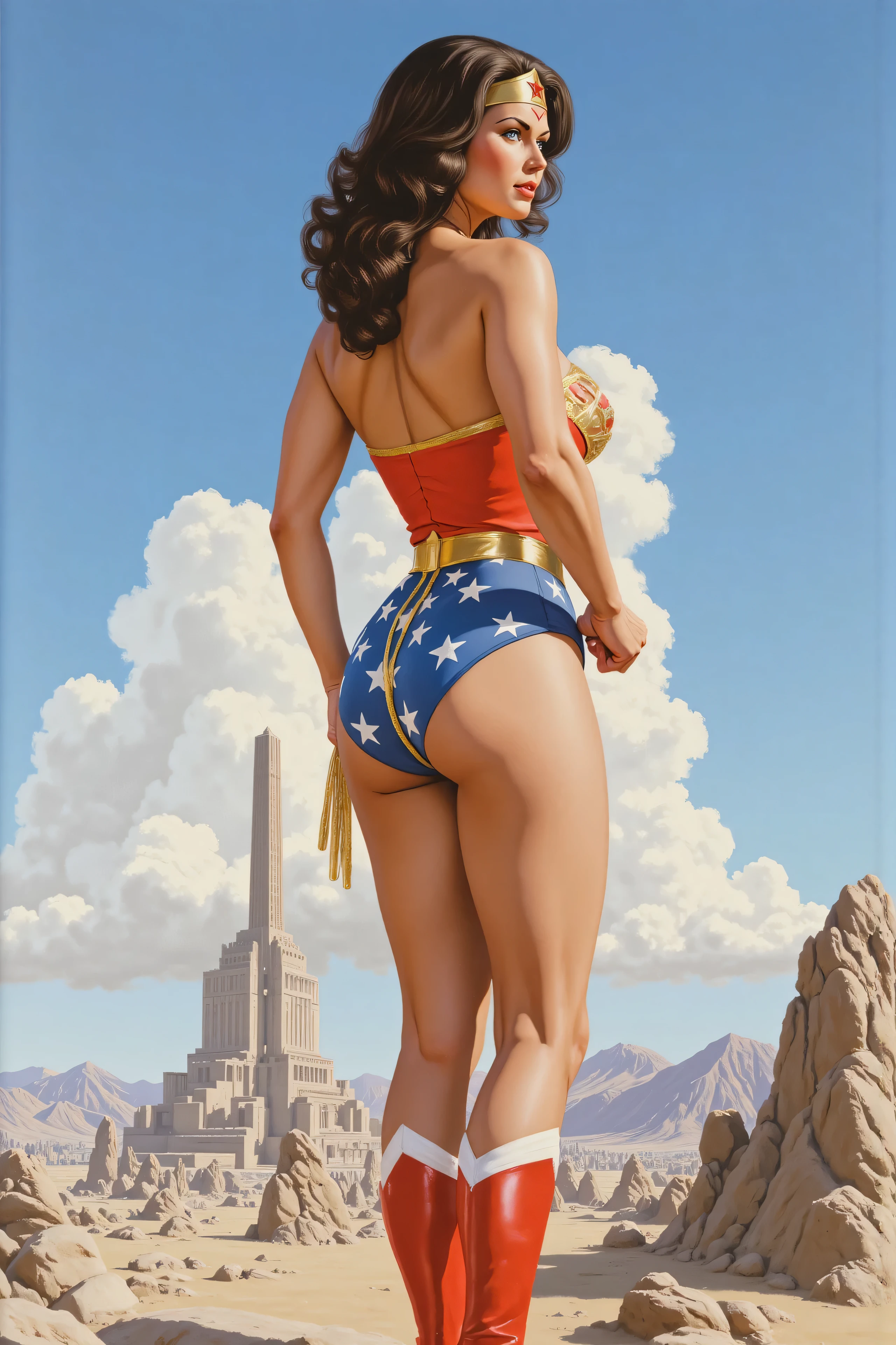 ((oil painting:1.1)) of SEXY LYNDA CARTER AS THE ICONIC 1960 WONDER WOMAN, WEARING A SPANDEX WONDER WOMAN COSTUME, SPANDEX PATRIOTIC BLUE shorts. , RED WONDER WOMAN BOOTS. HER GOLDEN LASSO ATTACHED TO THE SIDE OF HER HIP. CRYSTAL CLEAR ART, CELAN CRISP ART, 4K, 8K, MILLIONS OF TEXTURES, alexross style, heroic pose, back angle