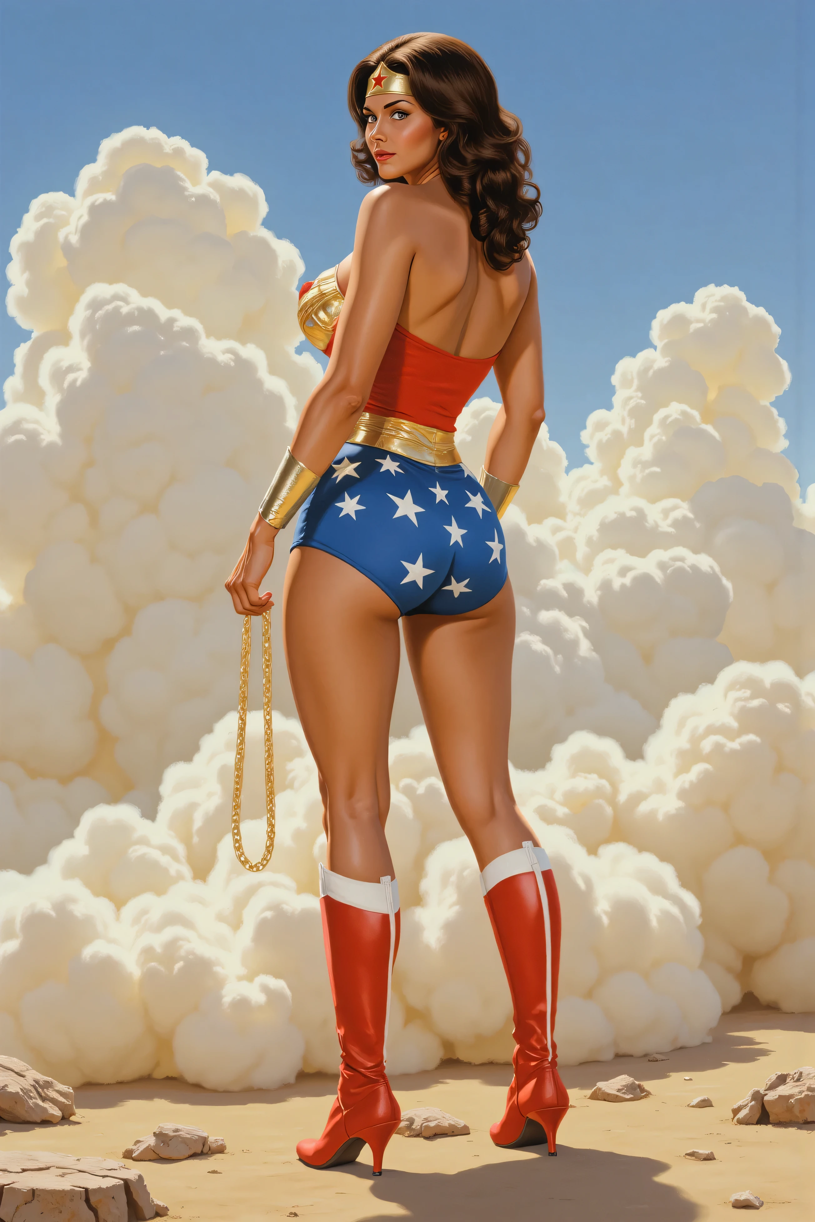 ((oil painting:1.1)) of SEXY LYNDA CARTER AS THE ICONIC 1960 WONDER WOMAN, WEARING A SPANDEX WONDER WOMAN COSTUME, SPANDEX PATRIOTIC BLUE shorts. , RED WONDER WOMAN BOOTS. HER GOLDEN LASSO ATTACHED TO THE SIDE OF HER HIP. CRYSTAL CLEAR ART, CELAN CRISP ART, 4K, 8K, MILLIONS OF TEXTURES, alexross style, heroic pose, back angle