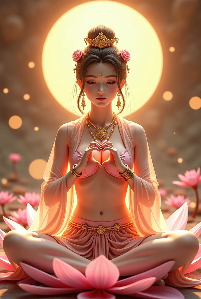 Ultra-high resolution, Attention to detail, Highest quality, Photorealistic, (((女god))), ((Glamour body:1.2, Sensual body:1.2, Saggy big breasts:1.3, Lower abdomen with fat:1.2)), , (See-through feather robe), Asian Woman Face, Baby Face, The eyes are large, Full body portrait, glossy and shimmering black hair, Mizura, Multiple rings on wrists and ankles, A necklace studded with jewels, Beautiful golden crown with decorations, god々New Background, Multiple lights dance in the air, Making a ring with the thumbs and index fingers of both hands, Sitting cross-legged, Sitting on a lotus flower