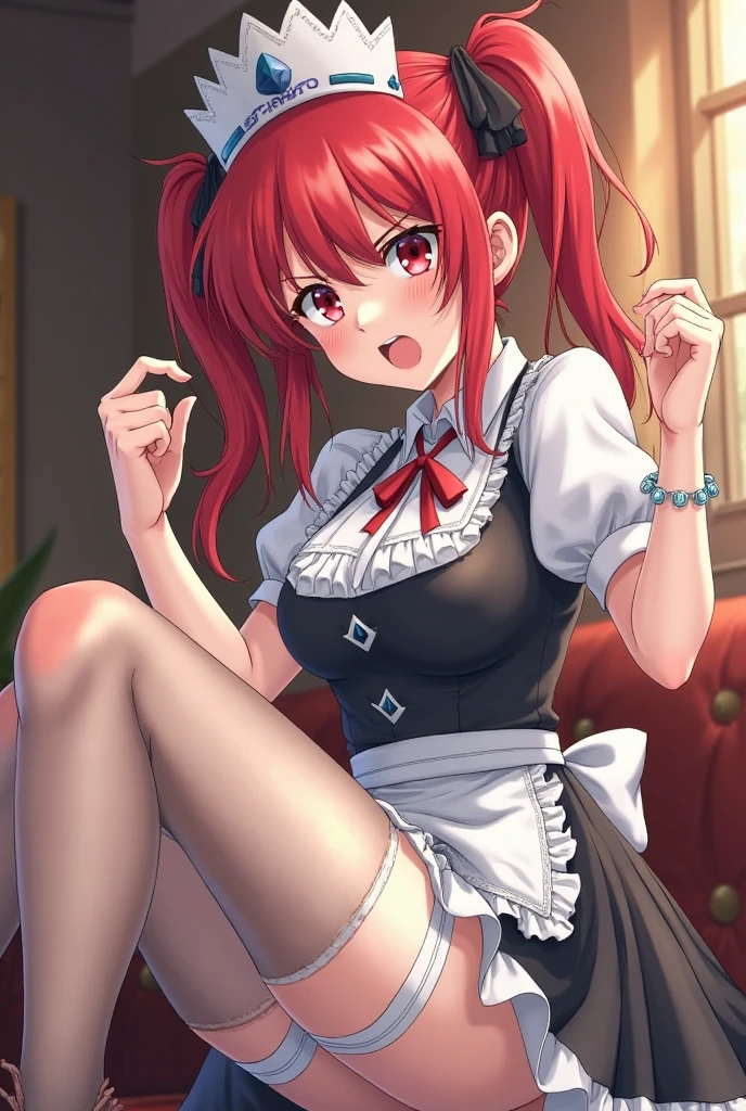 (((sherria))), fairy tail, anime art style, 1girl, solo, dressed, looking at viewer, maid outfit, hair_ribbon, blushing, hair_between_eyes, ((spiked_pigtails, spiked_hair)), blue_eyes, ((red_hair)), parody, style_parody, anime_coloring, short female, female, busty, maid headwear, thick thighs, thigh highs, indoors, high quality, best quality, masterpiece, on floor, (embarrassed, shy), skindentation, slim waist, cuffs, open mouth, cute panties, cameltoe, window, ass, hand on head, foot