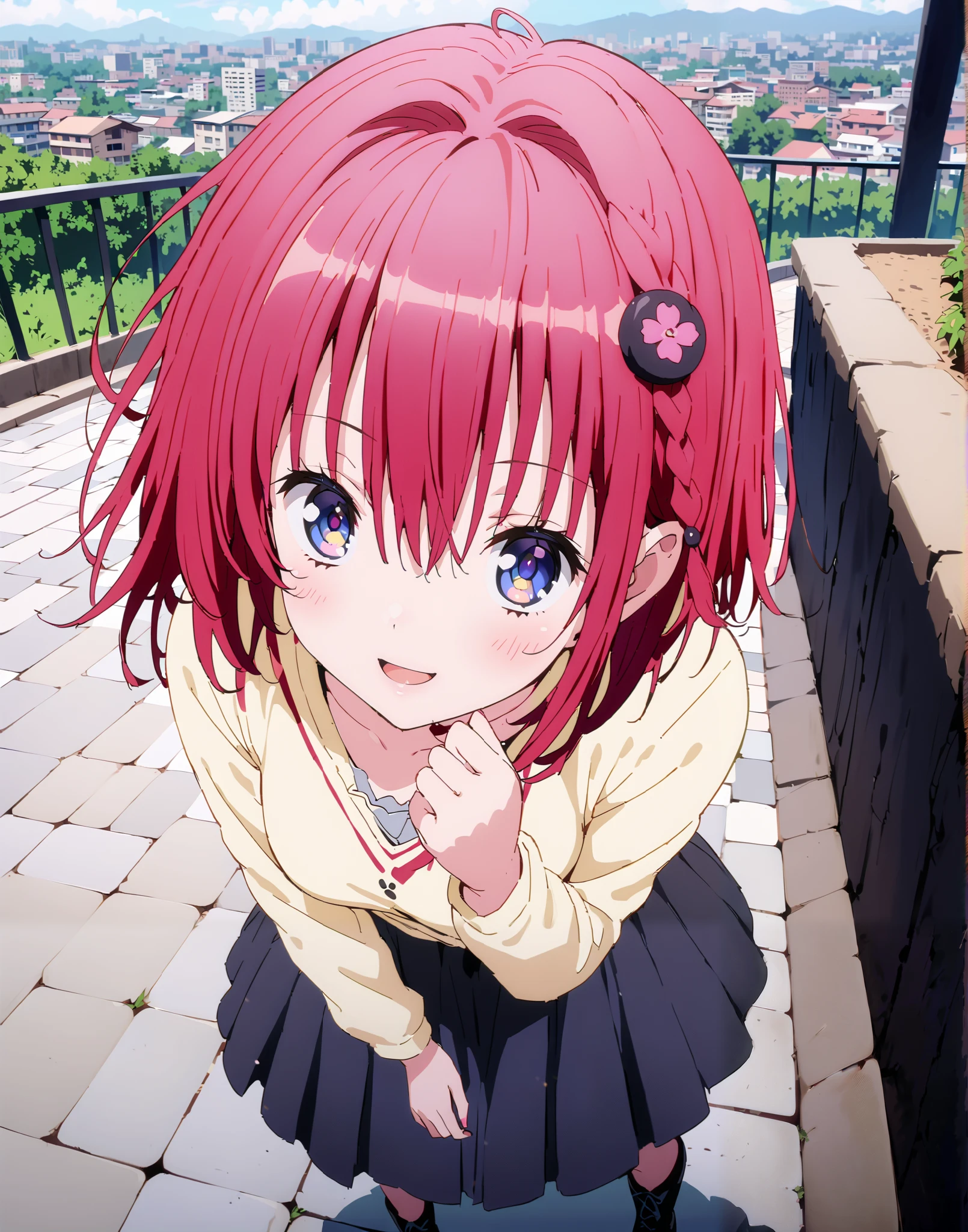 Kurosaki's thing , Alone,stupid hair, blue eyes, knitting glasses, hair intake, sngle braid,HAIR ACCESSORY, red hair, hair knitting glasses, smile,blush,open your mouth,Medium breast, oversized v neck sweater long sleeve,long skirt,short boots, bench,Beautiful cityscape,cherry blossoms,standing,full bodyがイラストに入るように,
break outdoors,garden,
break looking at viewer,full body,
break (masterpiece:1.2),Best Quality , kampala, Unity 8K Wallpaper ,(shape:0.8),( fine, beautiful eyes :1.6),It's a person ,full body写真,CG Details , (perfect hands, complete anatomy),