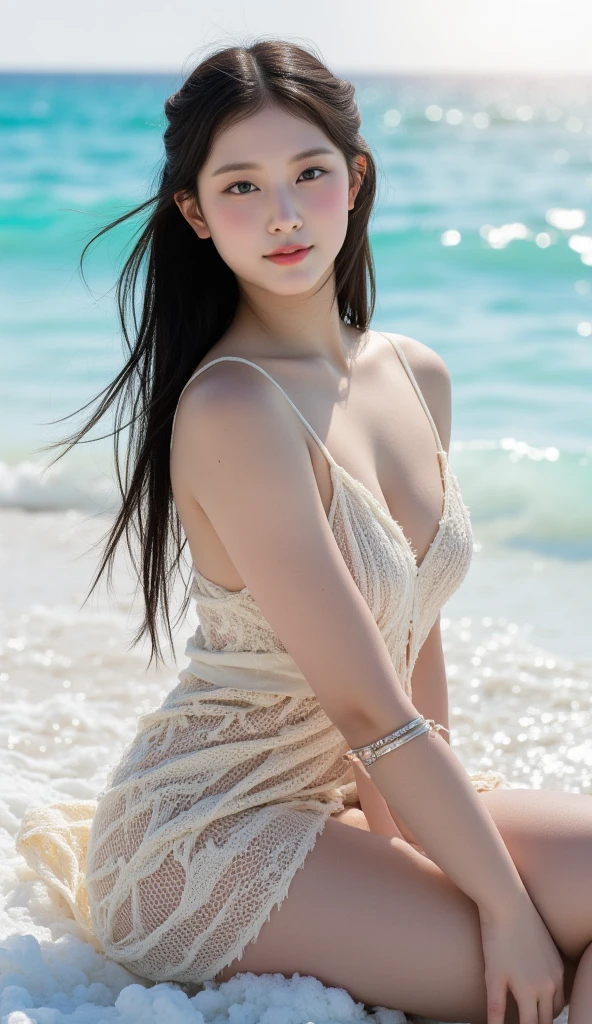 Highest quality,masterpiece,Ultra-high resolution,(Actual:1.4),オリジナルphotograph,Ultra-high resolution，summer,Blue sky,blue sky,8k,Beautiful woman，cute,beautiful,summer,Beach,Fair skin，Exquisite makeup，Big waves，White Dress，Sandy Beach，Long legs，Bright and beautiful，Blue sky,Clouds flowing、A scene from a movie,photograph,