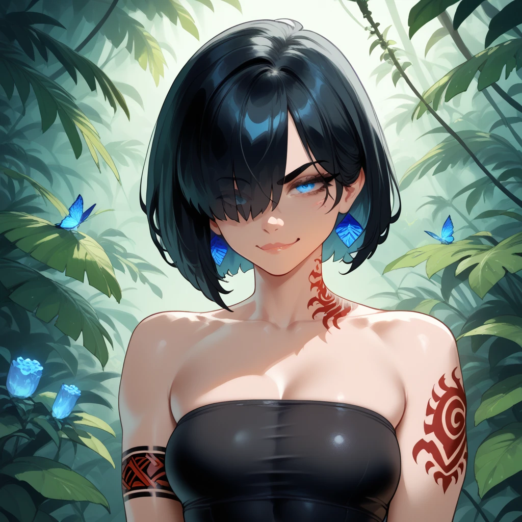 Girl, short black hair, yellow eyes, her body is full of green tattoos, green tattoo, forest in the background, she has tattoos on his face, lots of tattoos, short skirt, black bra, big breasts