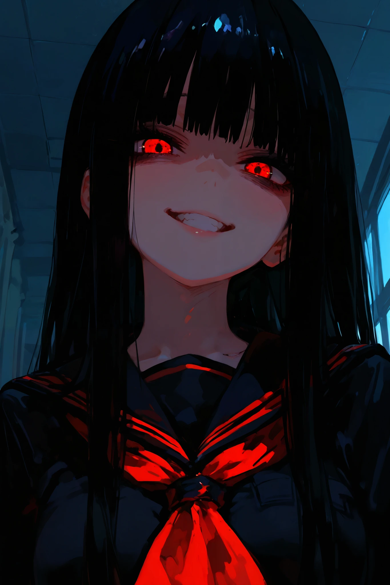 Anime girl with red eyes and black hair in a dark room - SeaArt AI