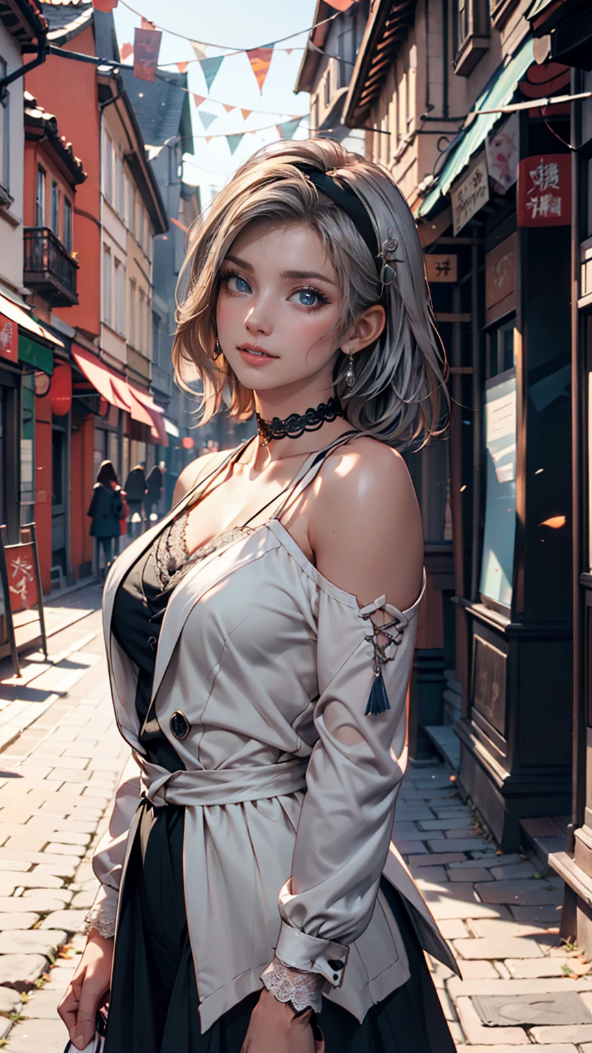 (8K, RAW photos, best quality, masterpiece:1.2), (realistic, photo-realistic:1.3)、26 year old Japanese woman、hair is gray、Eye color is dark blue、blushing with shame, smile, high definition face, Curly short hair、venus body、 C cup breasts, Sagging breasts due to gravity, (((She is exposing her shoulders in a French cafe. (((Light blue large sweater and pantyhose)))I&#39;m wearing))). no bra,  very clear blue sky,  Glowing skin under clear sunlight,  whole body, looking at the camera. (((slim body)))