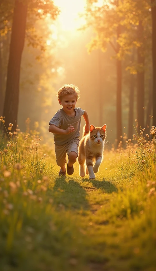 A tall bespectacled boy with a cat and puppy